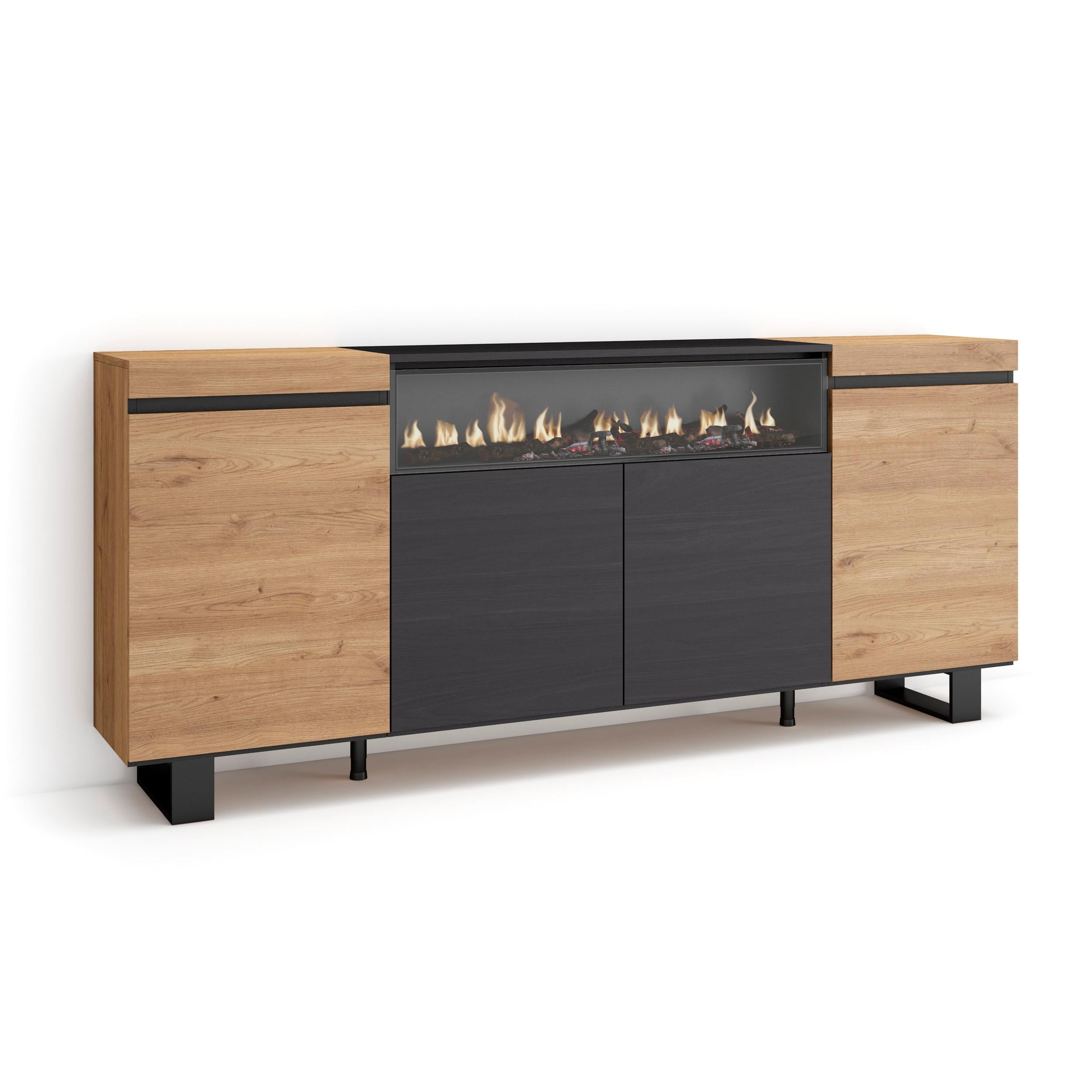 Buffet salon et cuisine, 200x87x35cm, Cheminée électrique, Design industriel, Chêne et noir