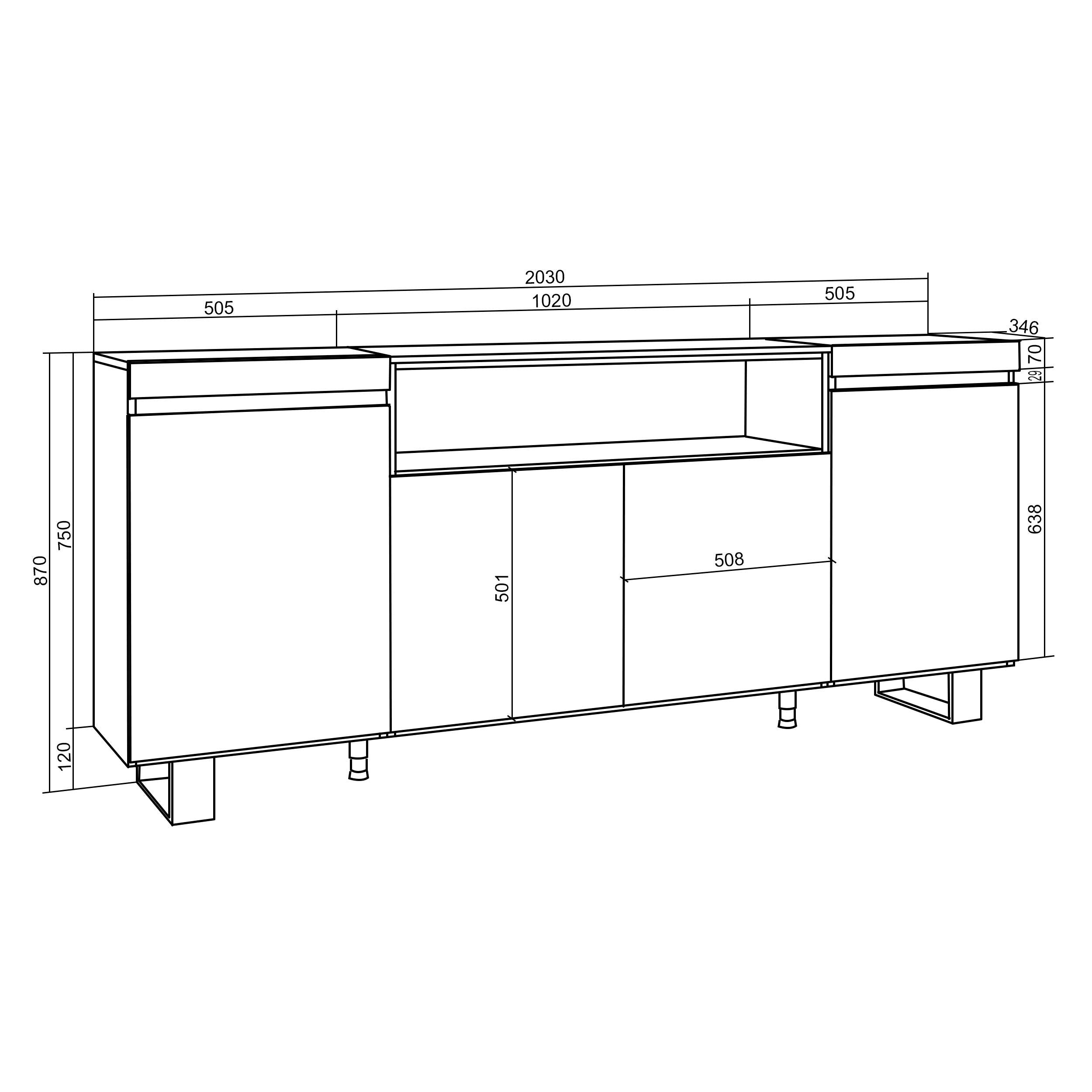 Buffet salon et cuisine, 200x87x35cm, Cheminée électrique, Design industriel, Chêne et noir