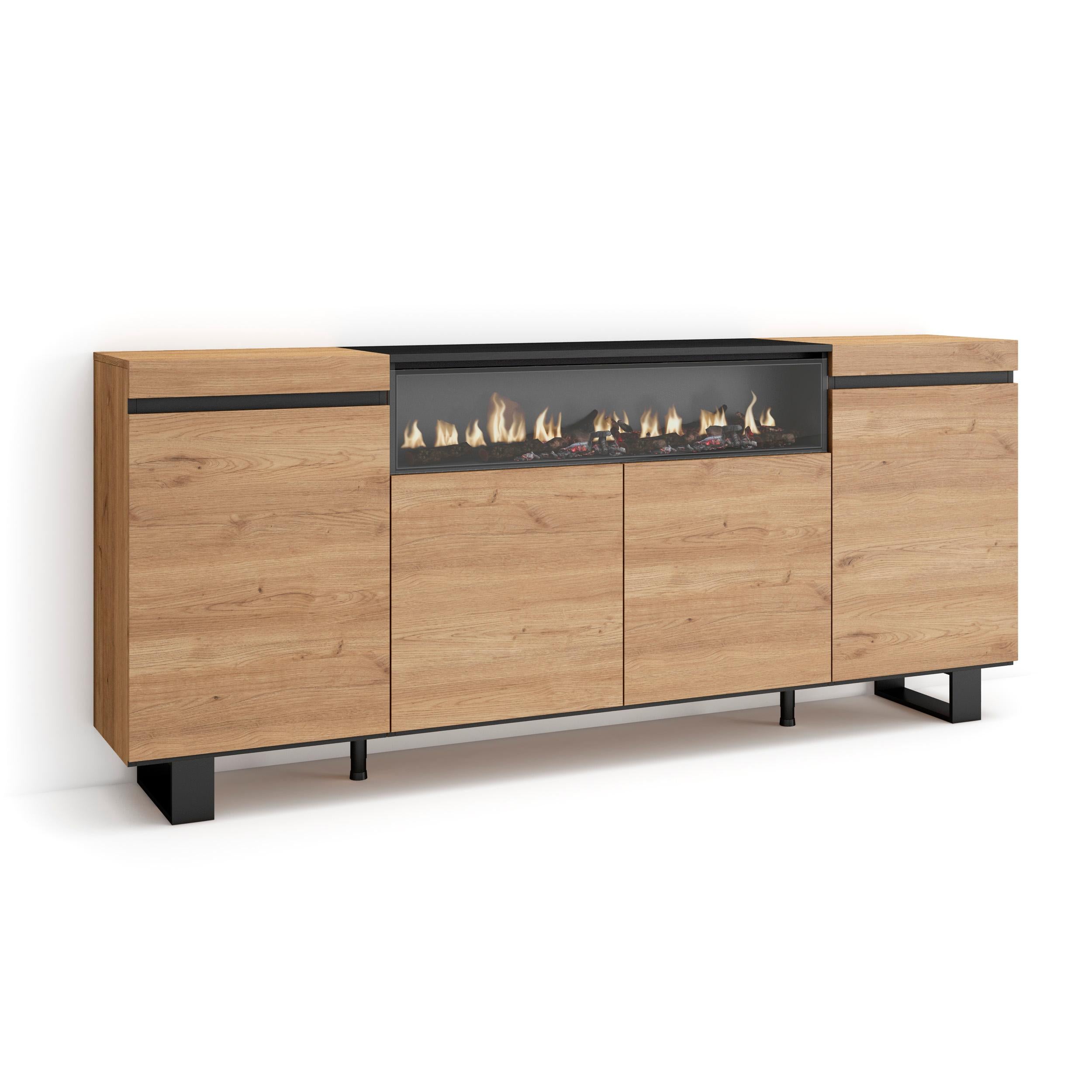 Buffet salon et cuisine, 200x87x35cm, Cheminée électrique, Design industriel, Chêne