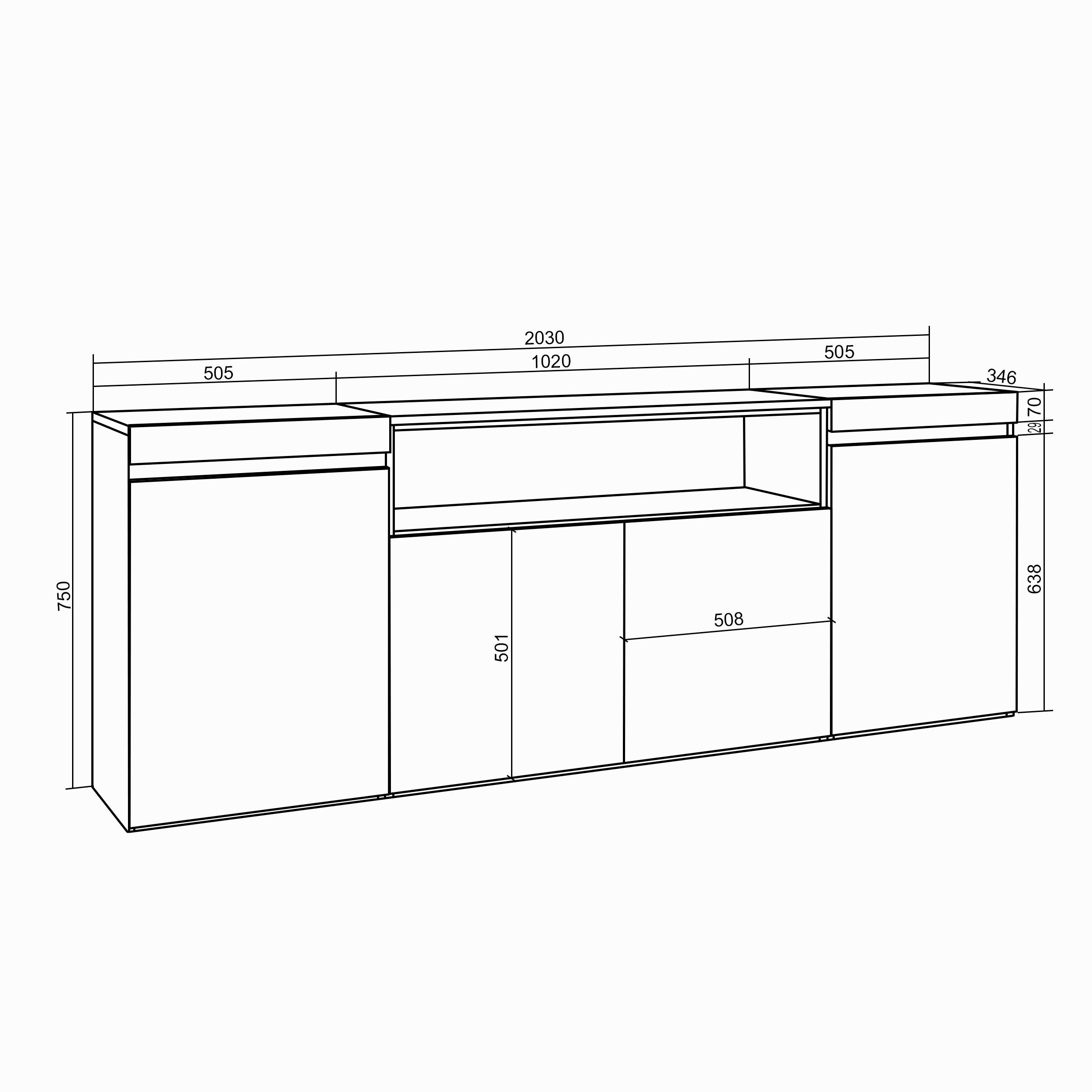 Buffet salon et cuisine, 200x75x35cm, 4 Portes, Cheminée électrique chene