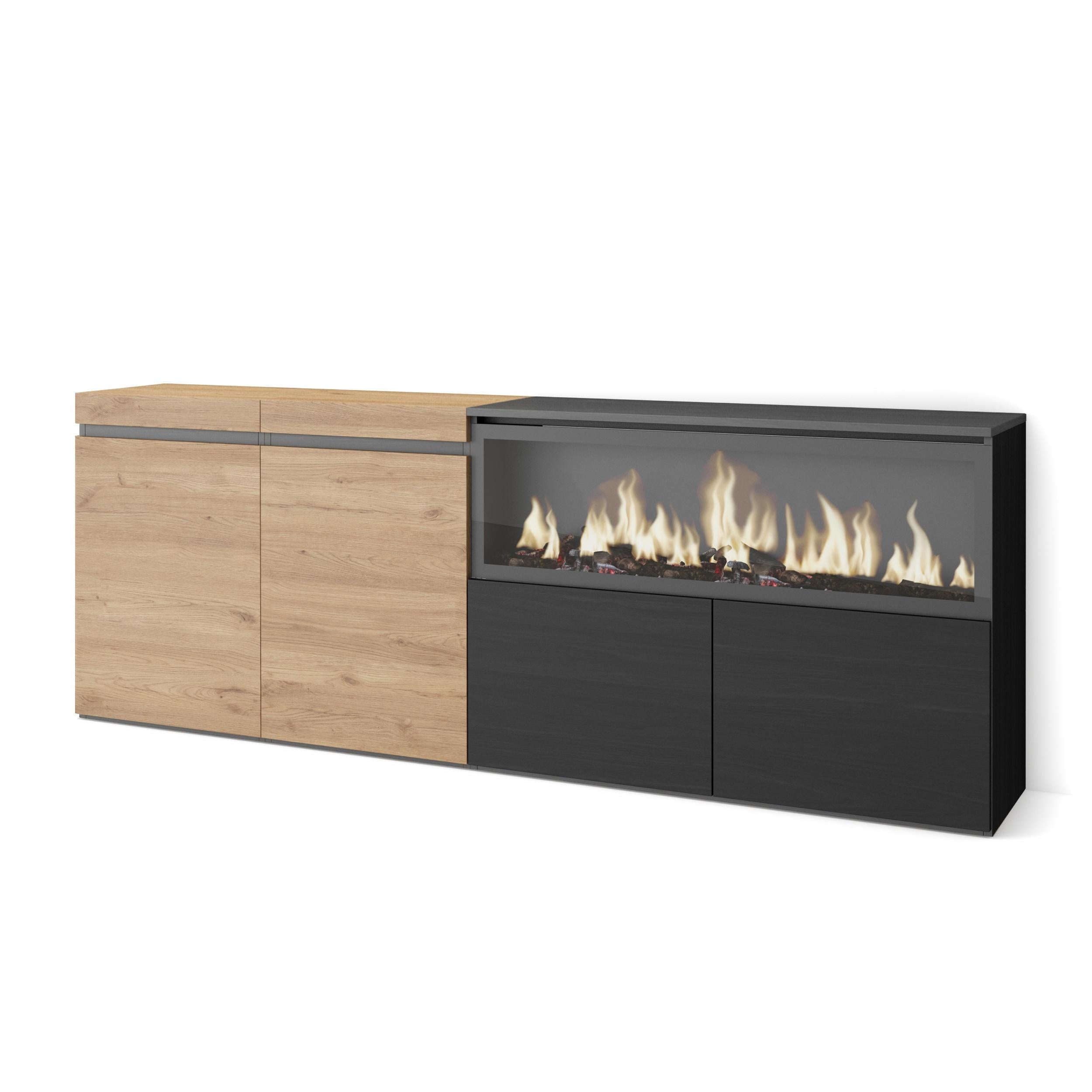Meuble Buffet Moderne 4 Portes avec Cheminée LED XXL (côté droit) – 208x75x35 cm – Chêne & Noir