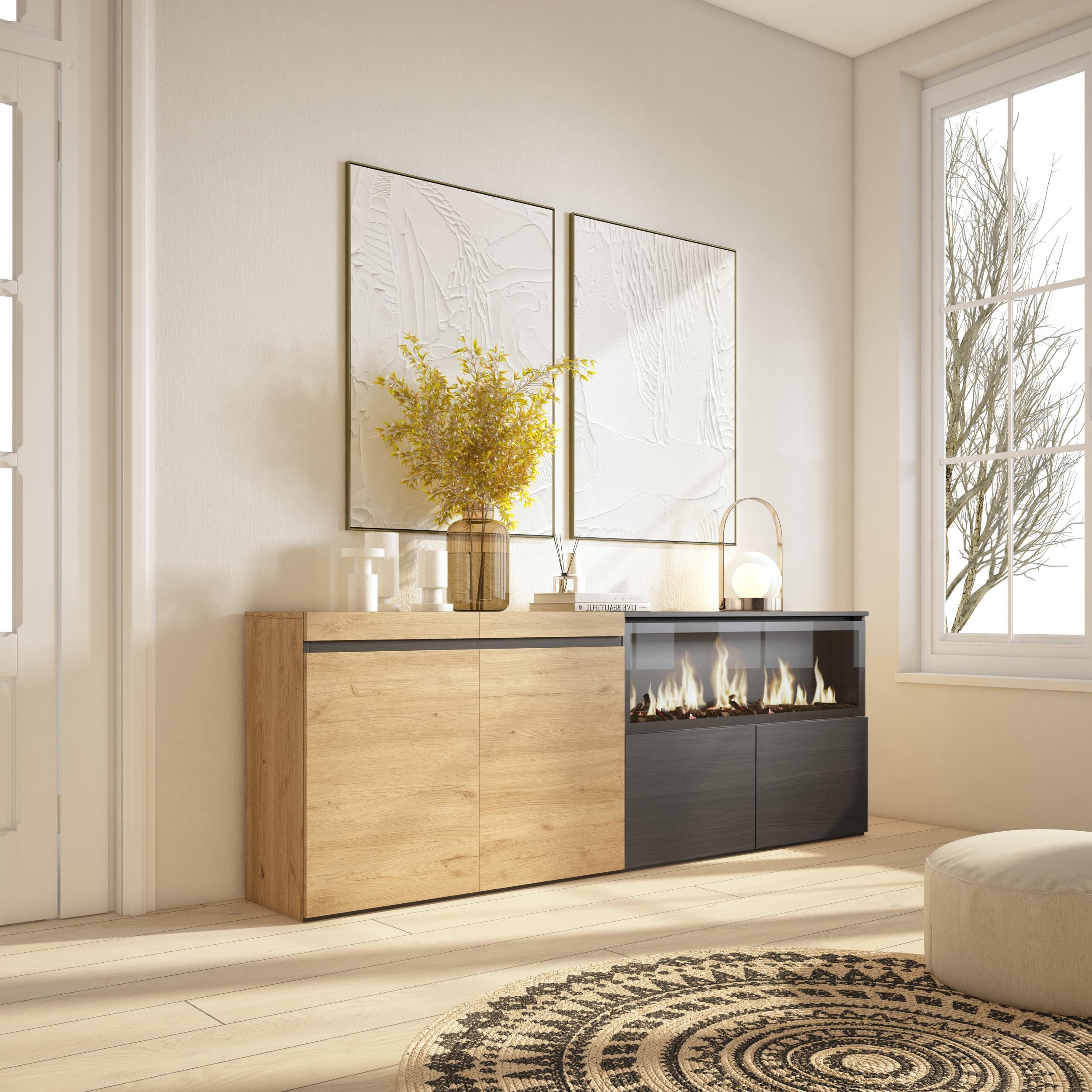 Meuble Buffet Moderne 4 Portes avec Cheminée LED XXL (côté droit) – 208x75x35 cm – Chêne & Noir