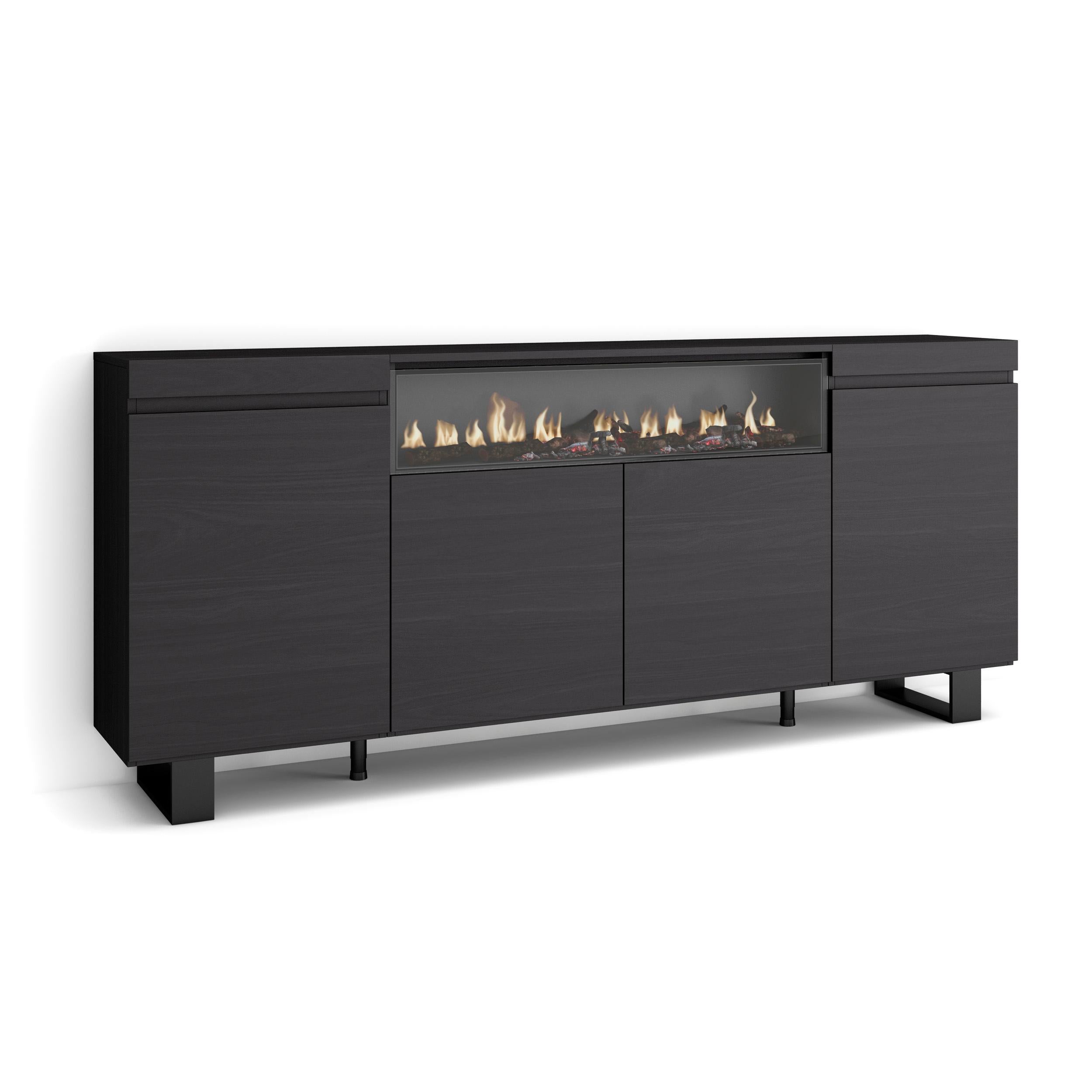 Buffet salon et cuisine, Meuble de Rangement, Commode, 200x87x35cm, 4 Portes, Cheminée électrique, Design industriel, Style moderne, Noir