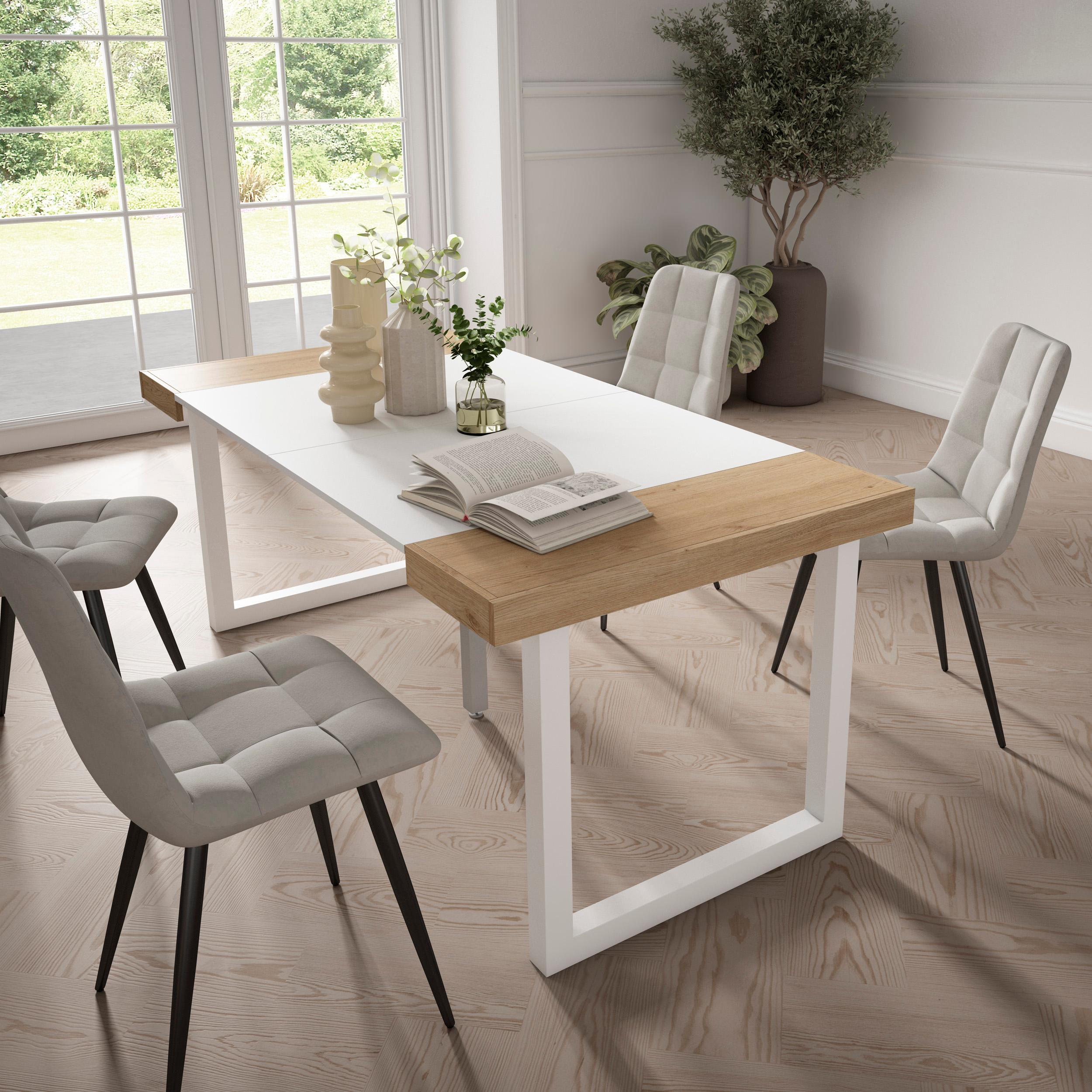 Table console extensible blanche & chêne 180 cm – Jusqu’à 8 personnes – Pieds en bois massif blancs en U