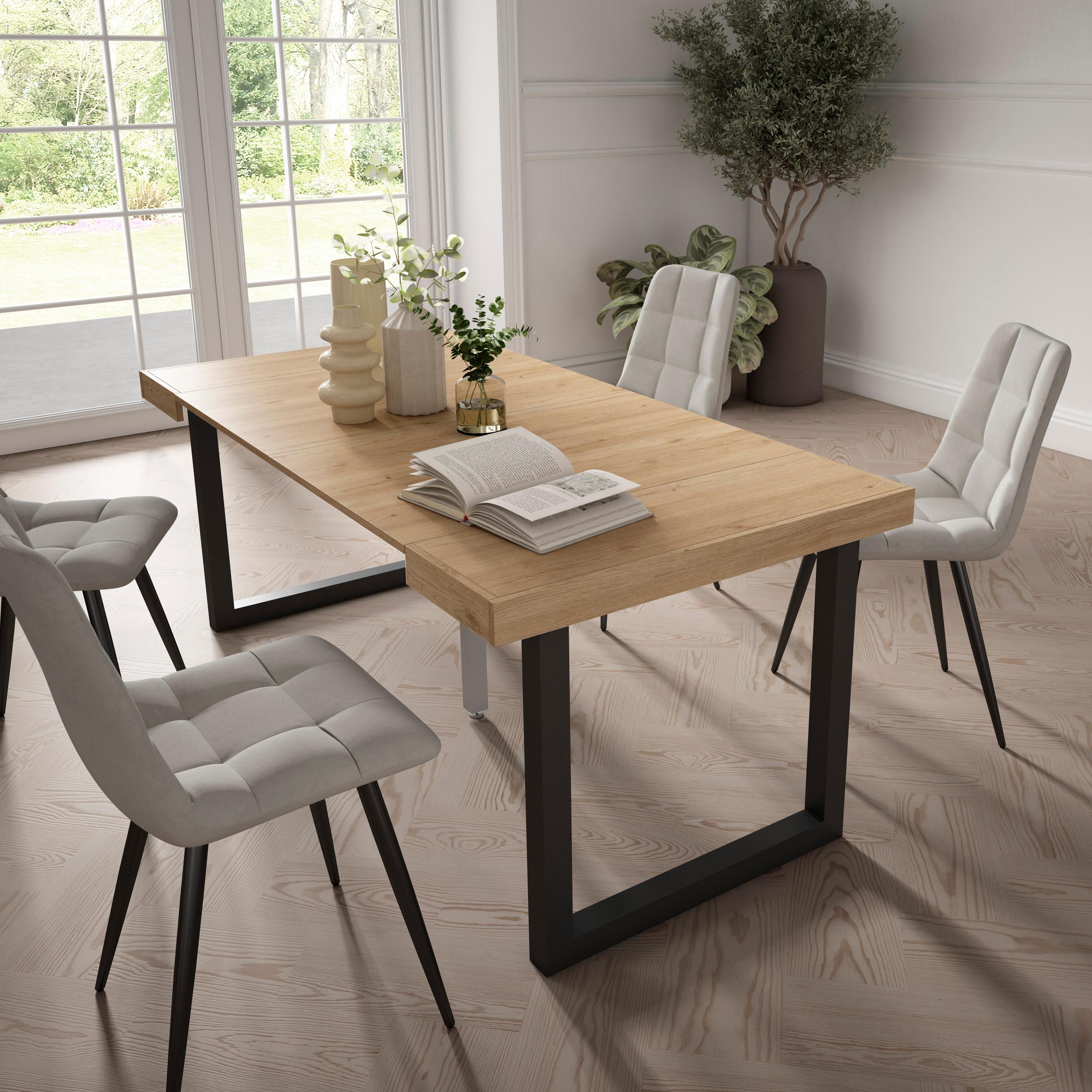 Table console extensible chêne 180 cm – Jusqu’à 8 personnes – Pieds en bois massif noirs en U