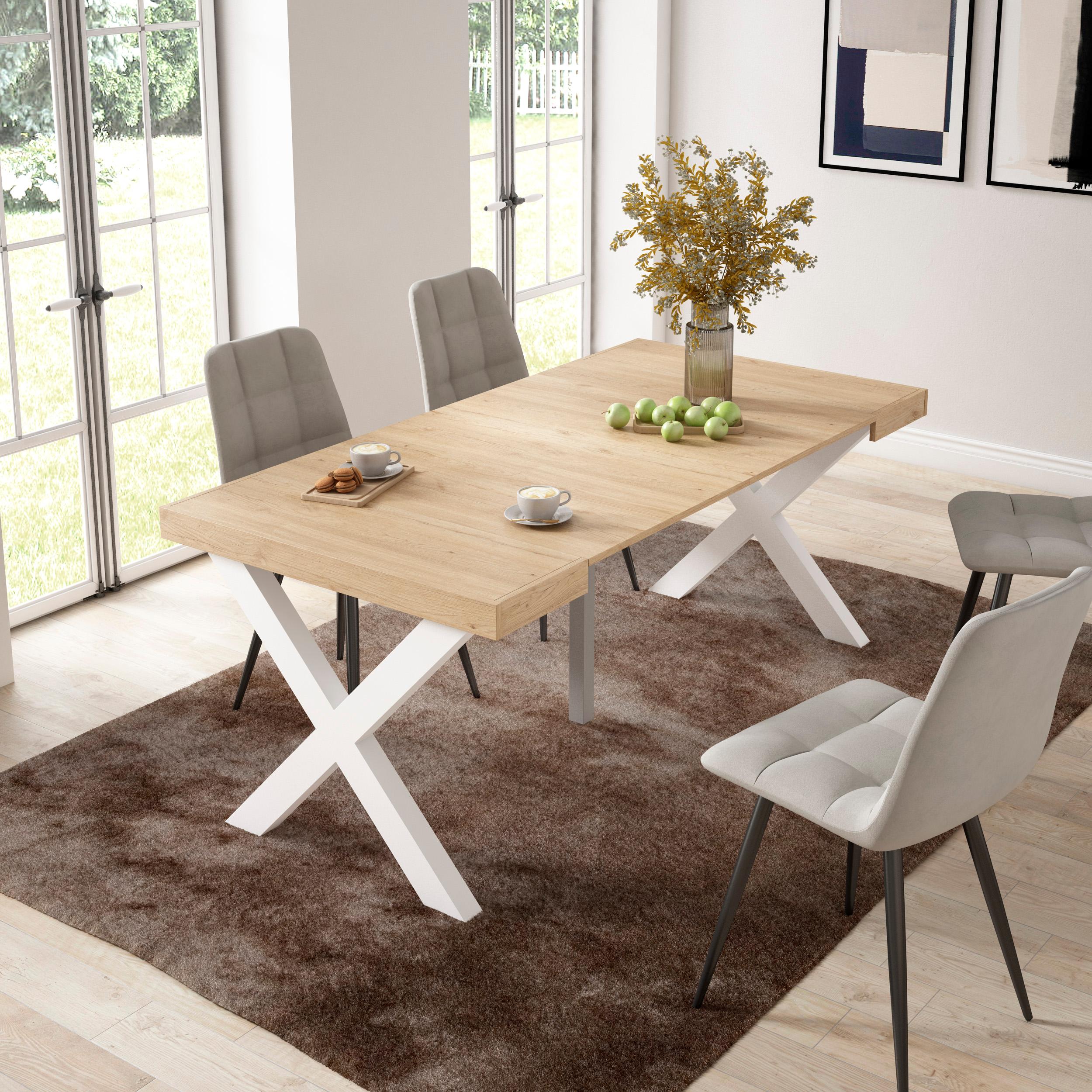 Table console extensible chêne 180 cm – Jusqu’à 8 personnes – Pieds en bois massif blancs en croix