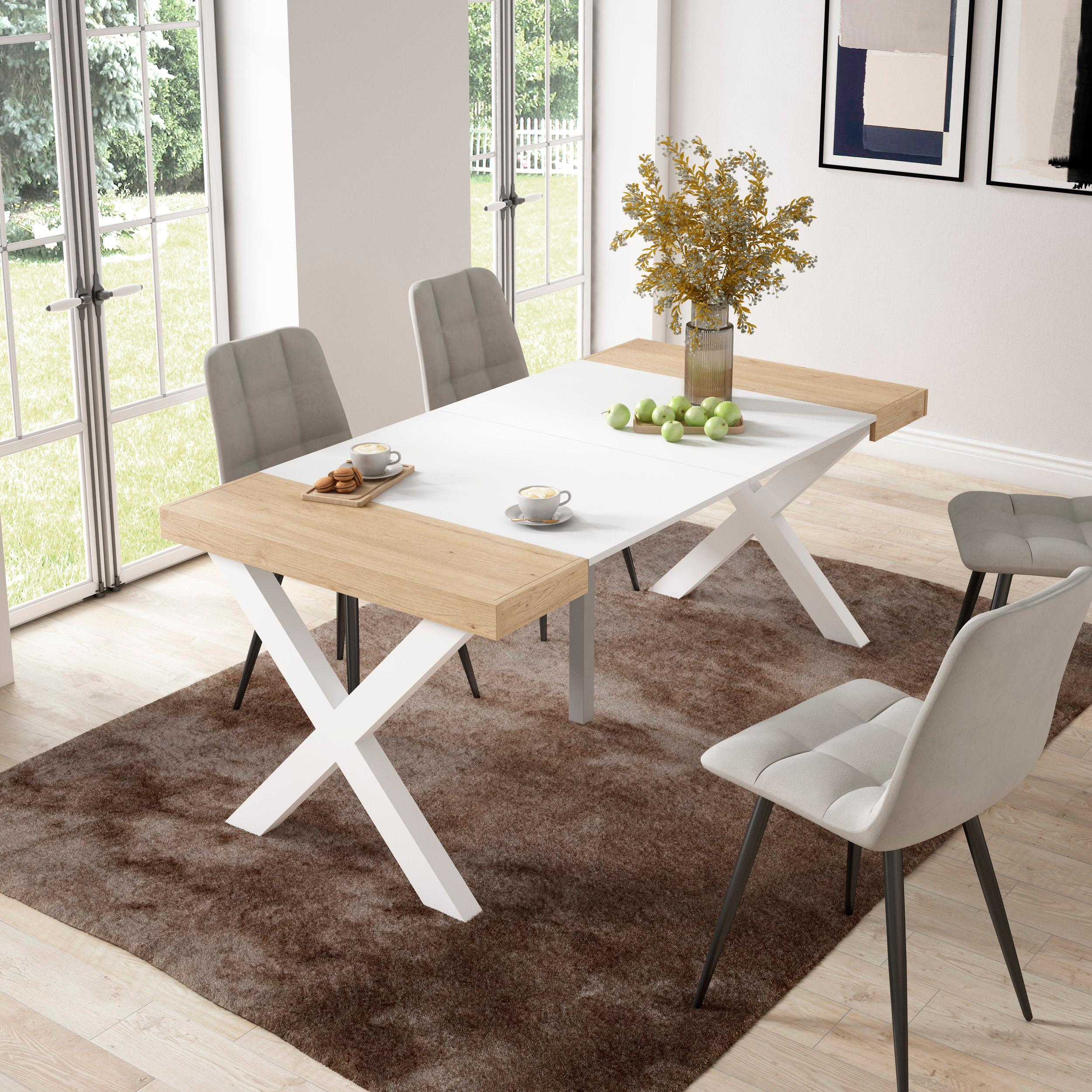 Table console extensible blanche & chêne 180 cm – Jusqu’à 8 personnes – Pieds en bois massif blancs en croix