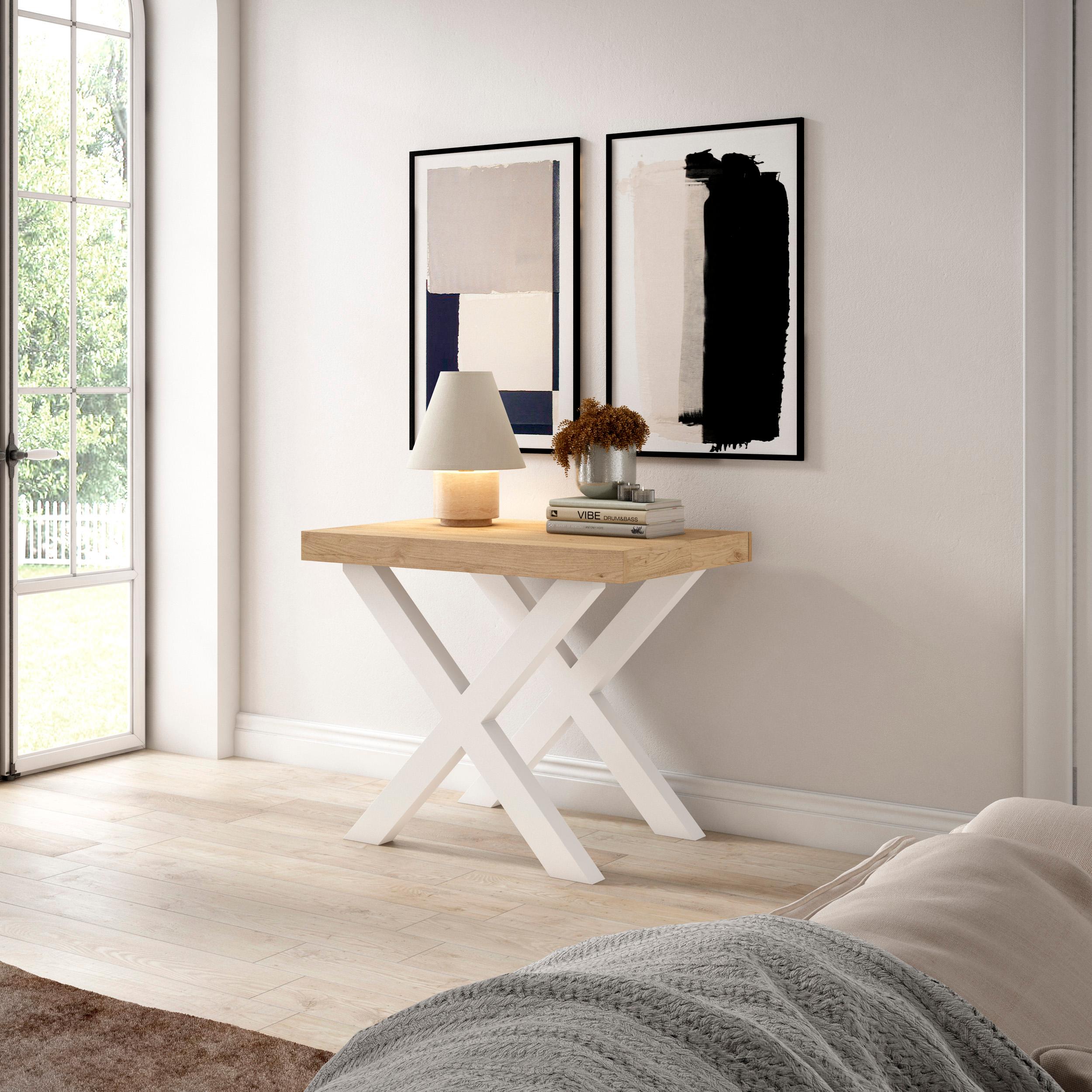 Table console extensible blanche & chêne 180 cm – Jusqu’à 8 personnes – Pieds en bois massif blancs en croix