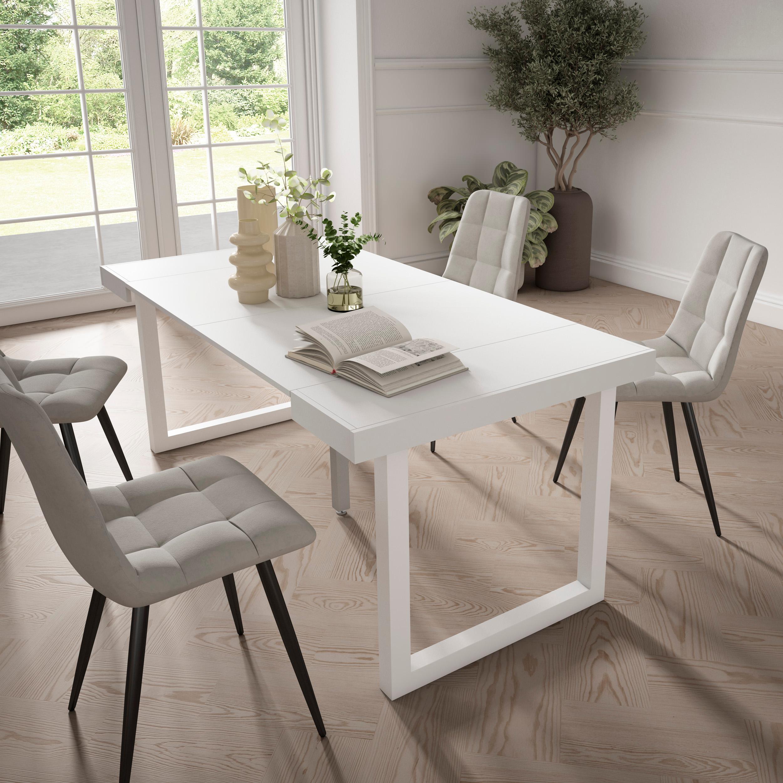 Table console extensible blanche 180 cm – Jusqu’à 8 personnes – Pieds en bois massif blancs en U