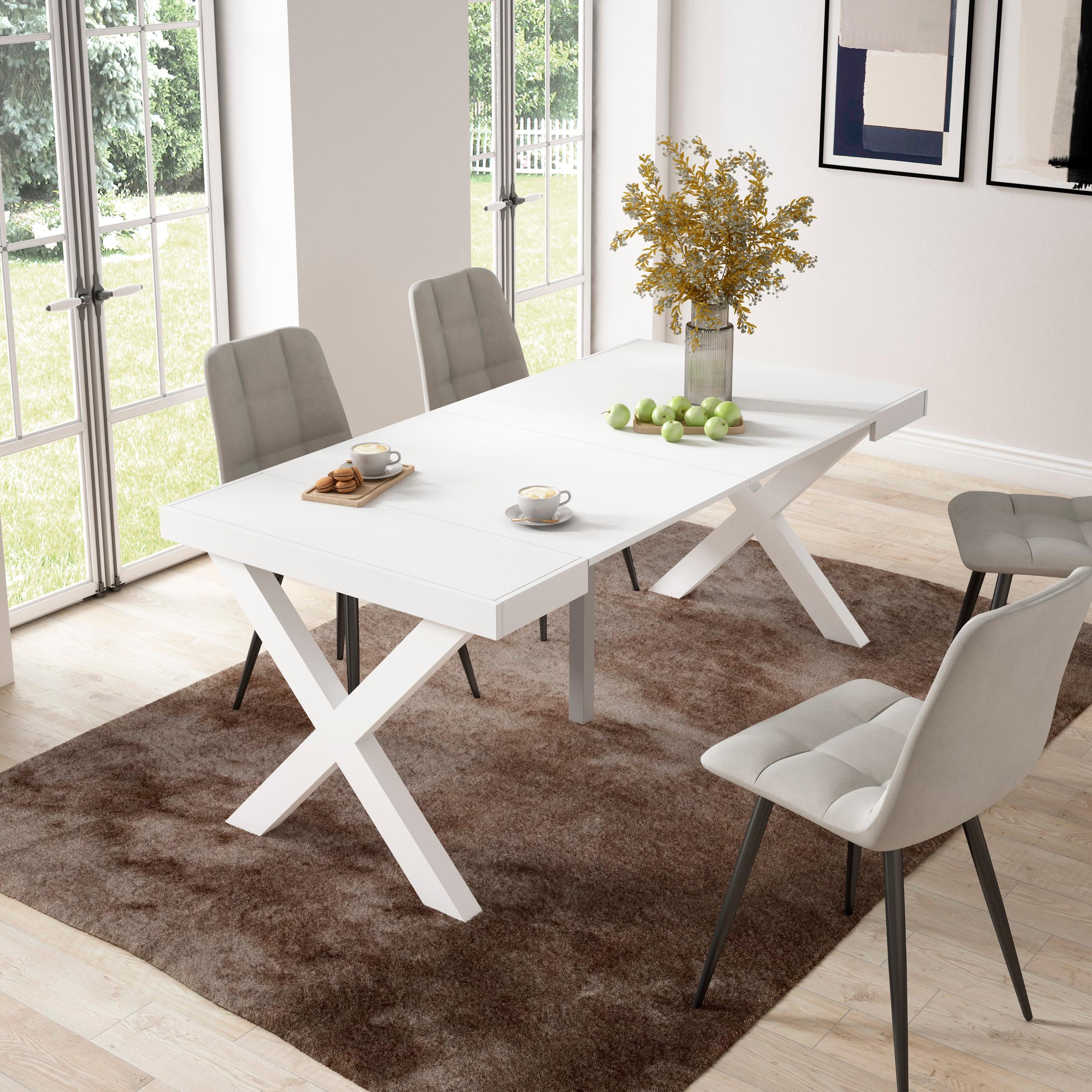 Table console extensible blanche 180 cm – Jusqu’à 8 personnes – Pieds en bois massif blancs en croix