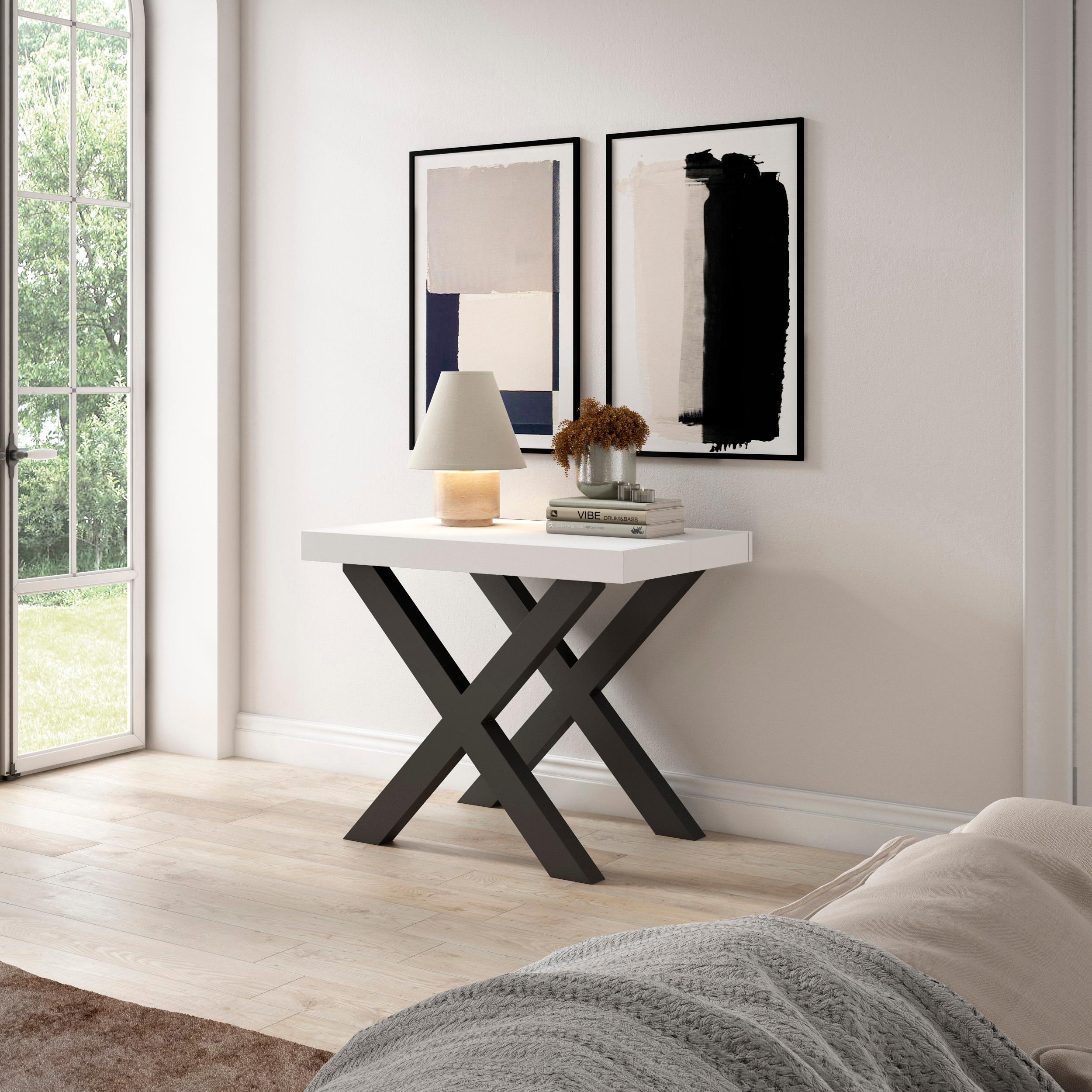 Table console extensible blanche 180 cm – Jusqu’à 8 personnes – Pieds en bois massif noirs en croix