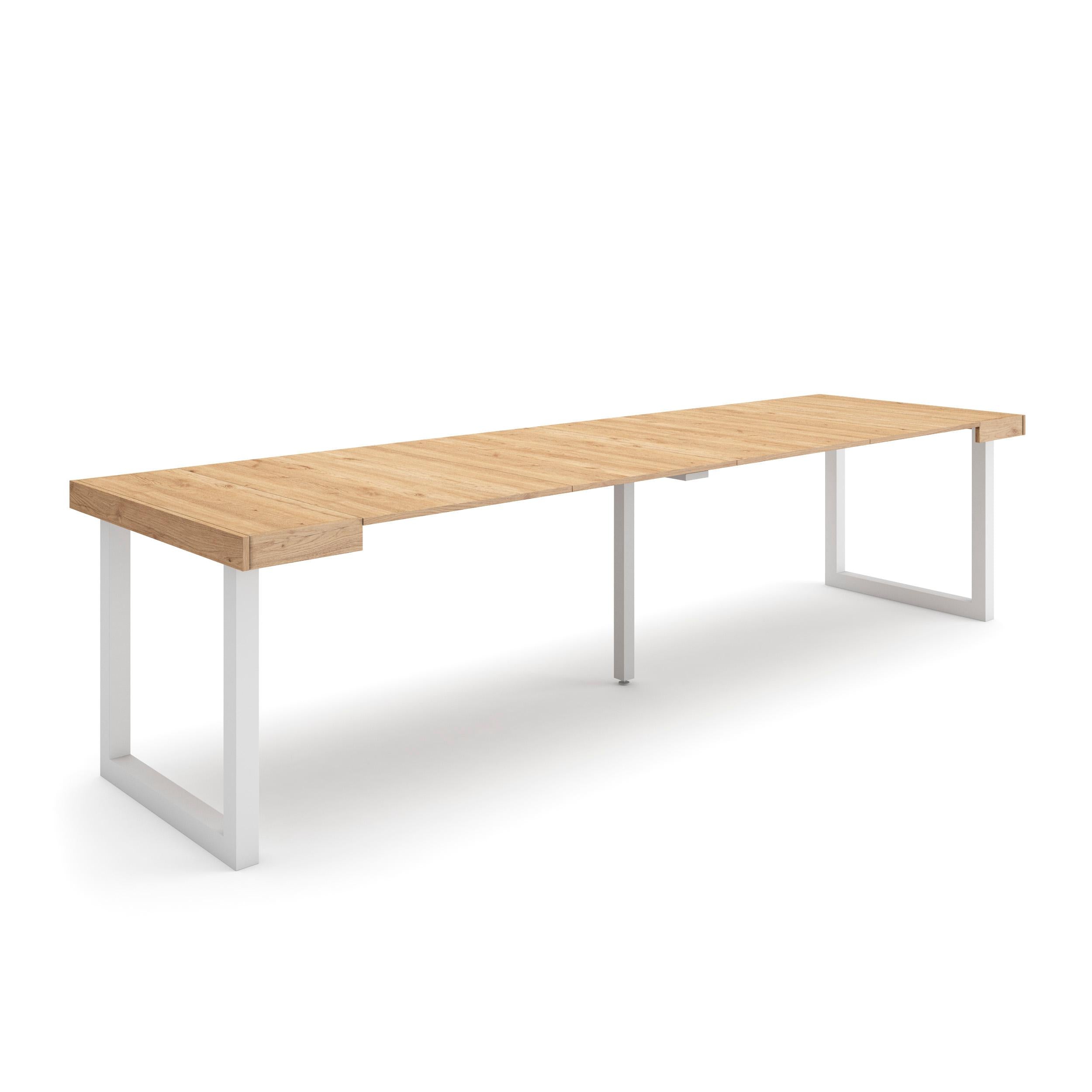 Table console extensible chêne 300 cm – Jusqu’à 14 personnes – Pieds en bois massif blancs en U