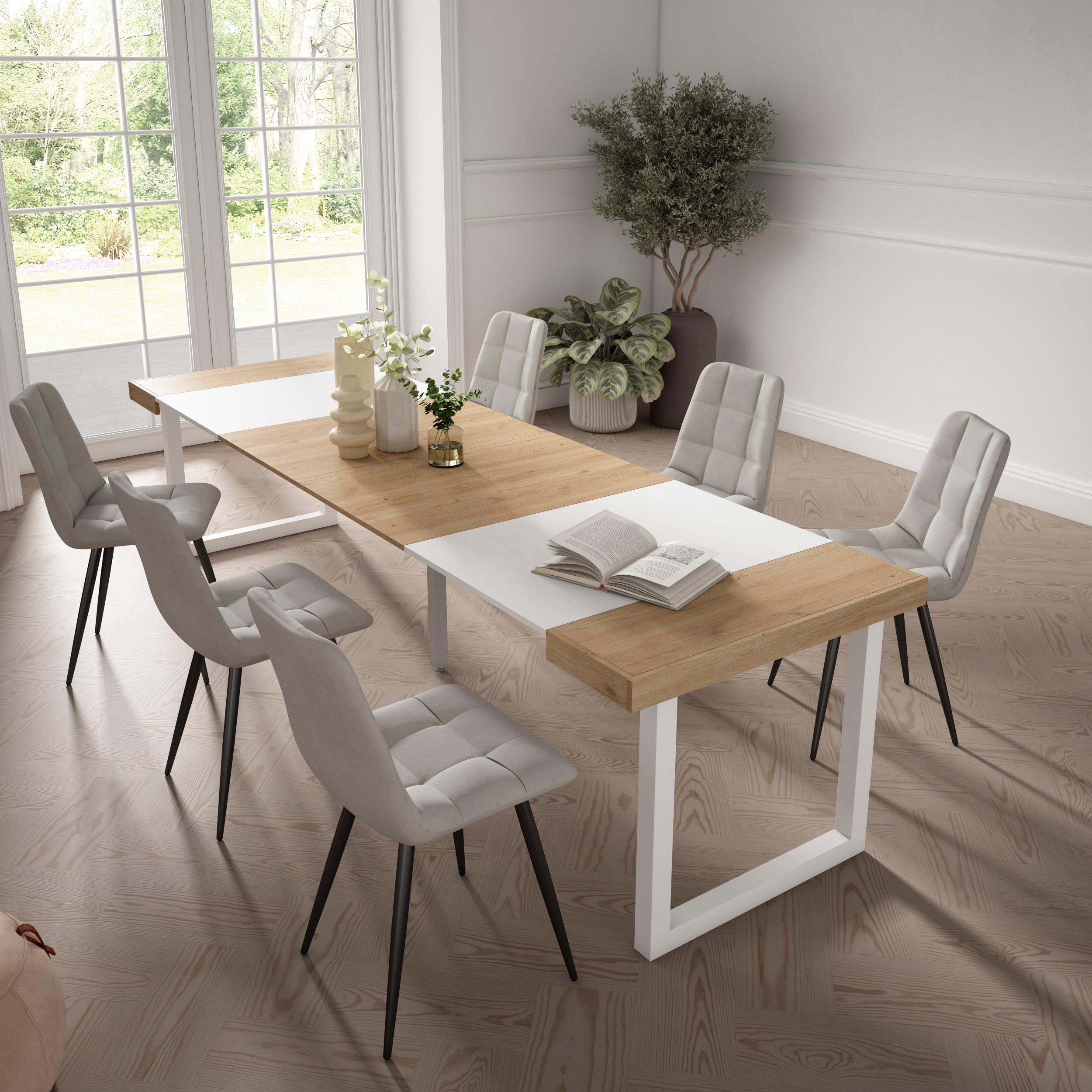 Table console extensible blanche & chêne 300 cm – Jusqu’à 14 personnes – Pieds en bois massif blancs en U