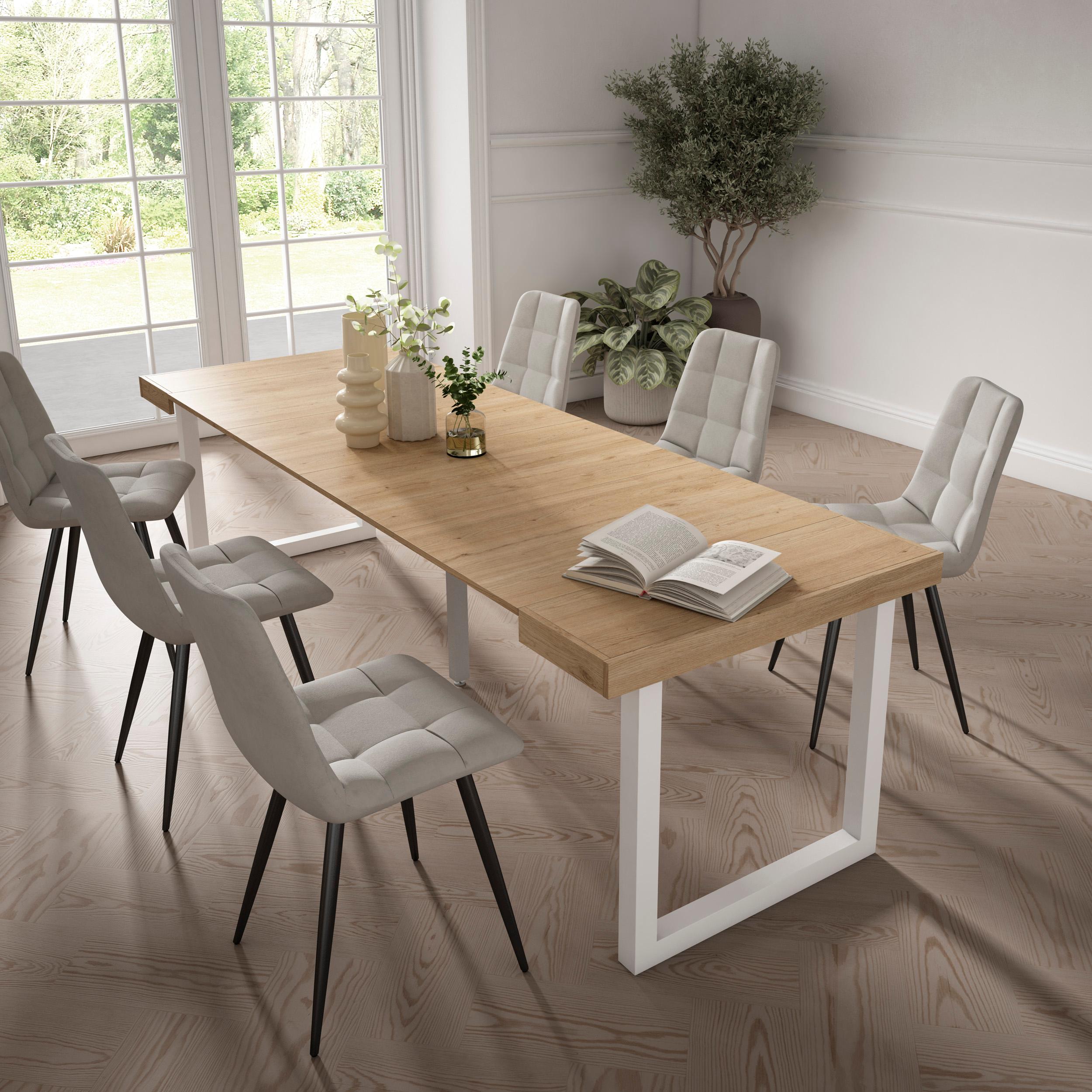 Table console extensible chêne 260 cm – Jusqu’à 12 personnes – Pieds en bois massif blancs en U