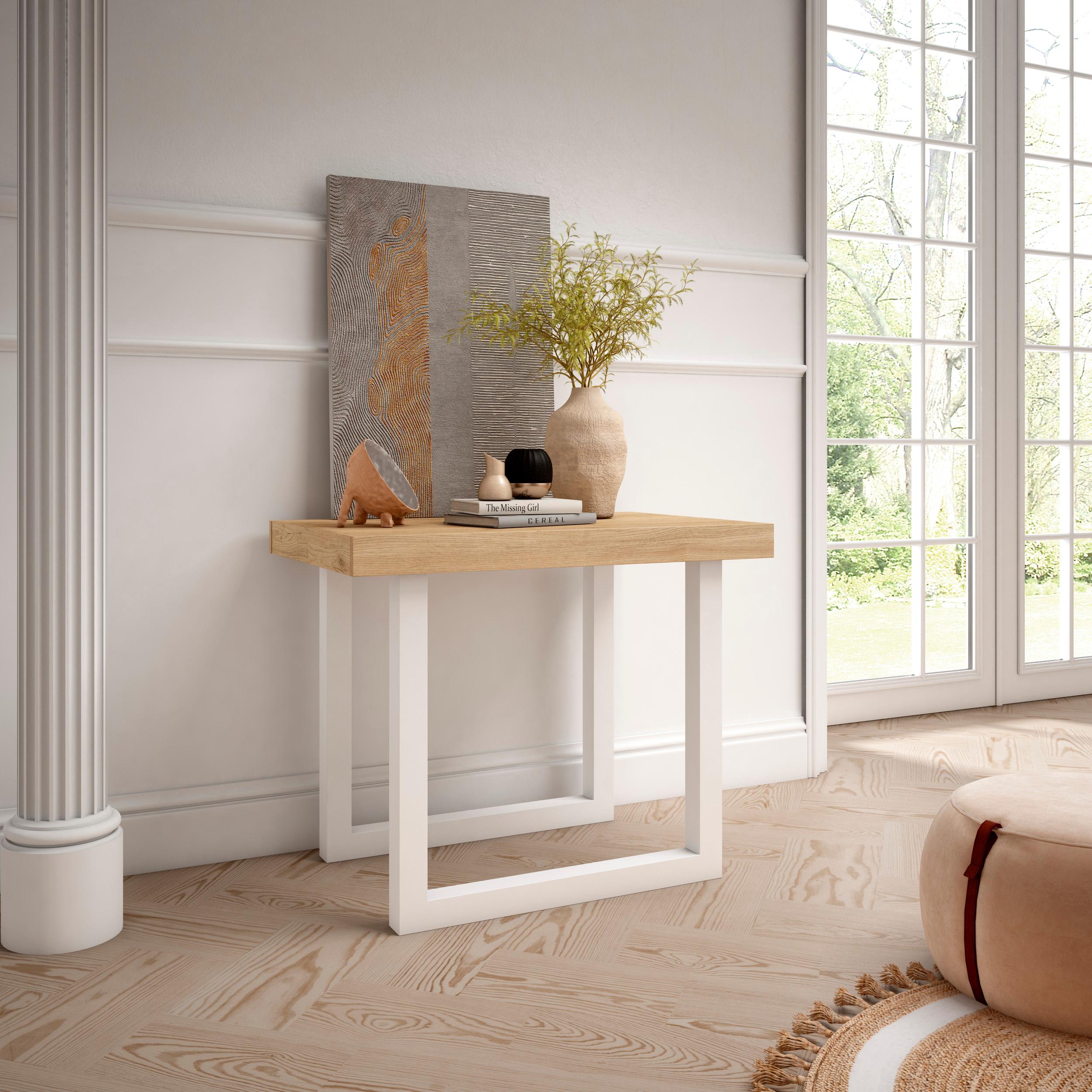 Table console extensible chêne 260 cm – Jusqu’à 12 personnes – Pieds en bois massif blancs en U