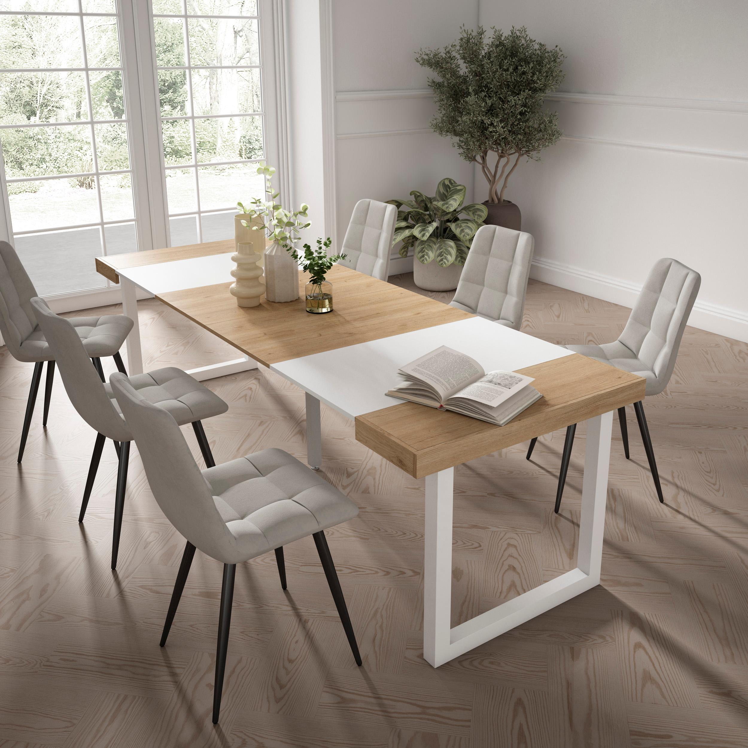 Table console extensible blanche & chêne 260 cm – Jusqu’à 12 personnes – Pieds en bois massif blancs en U