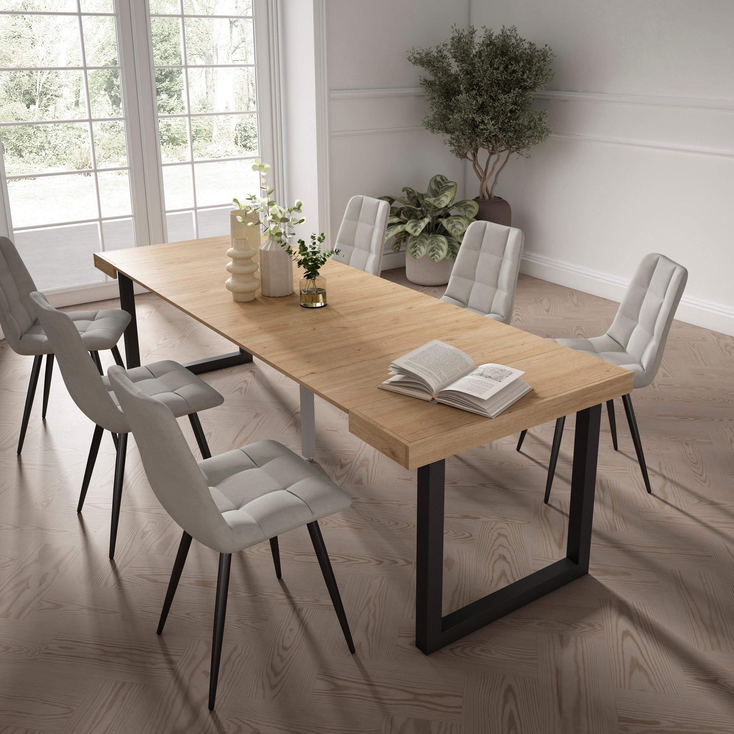 Table console extensible chêne 260 cm – Jusqu’à 12 personnes – Pieds en bois massif noirs en U