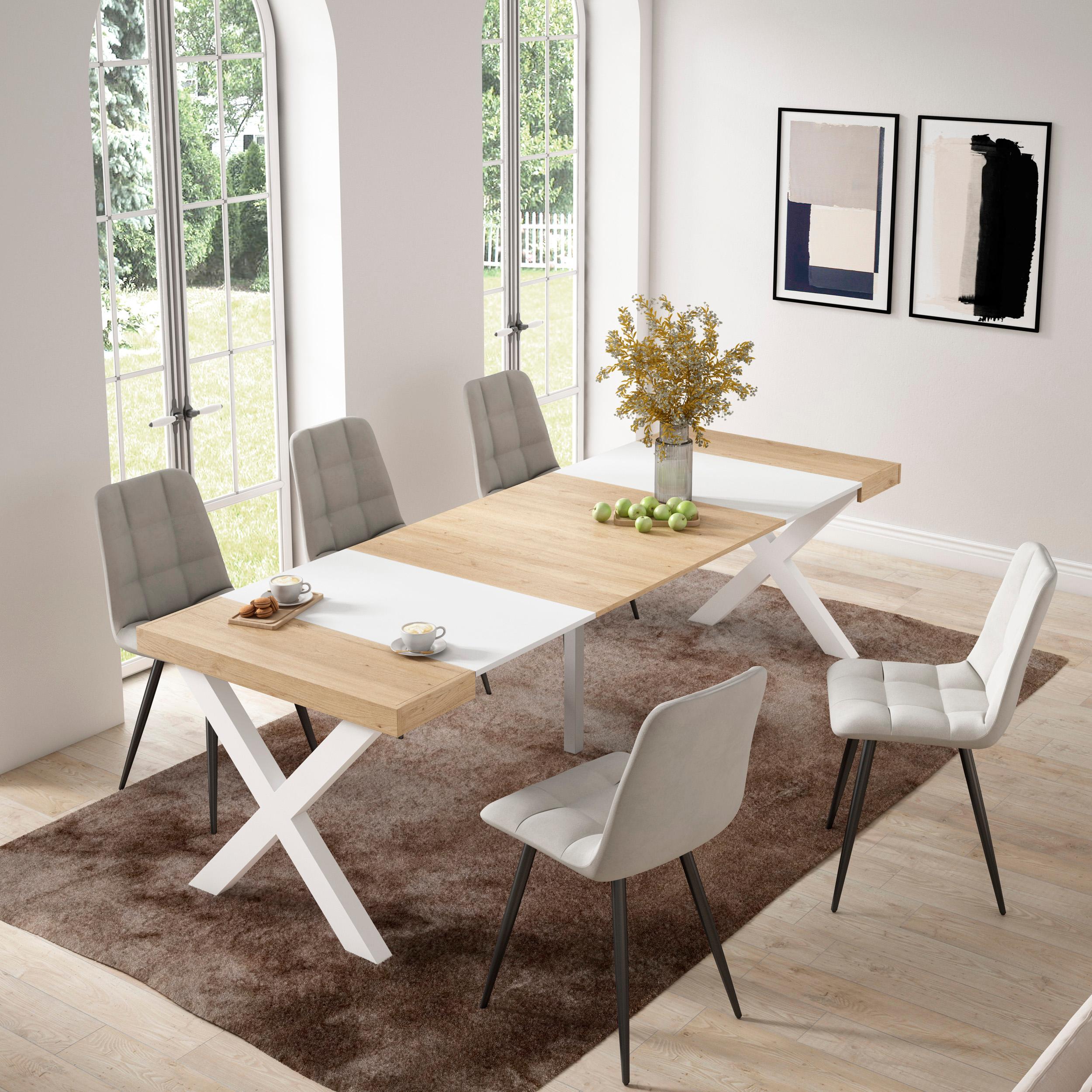 Table console extensible blanche & chêne 260 cm – Jusqu’à 12 personnes – Pieds en bois massif blancs en croix