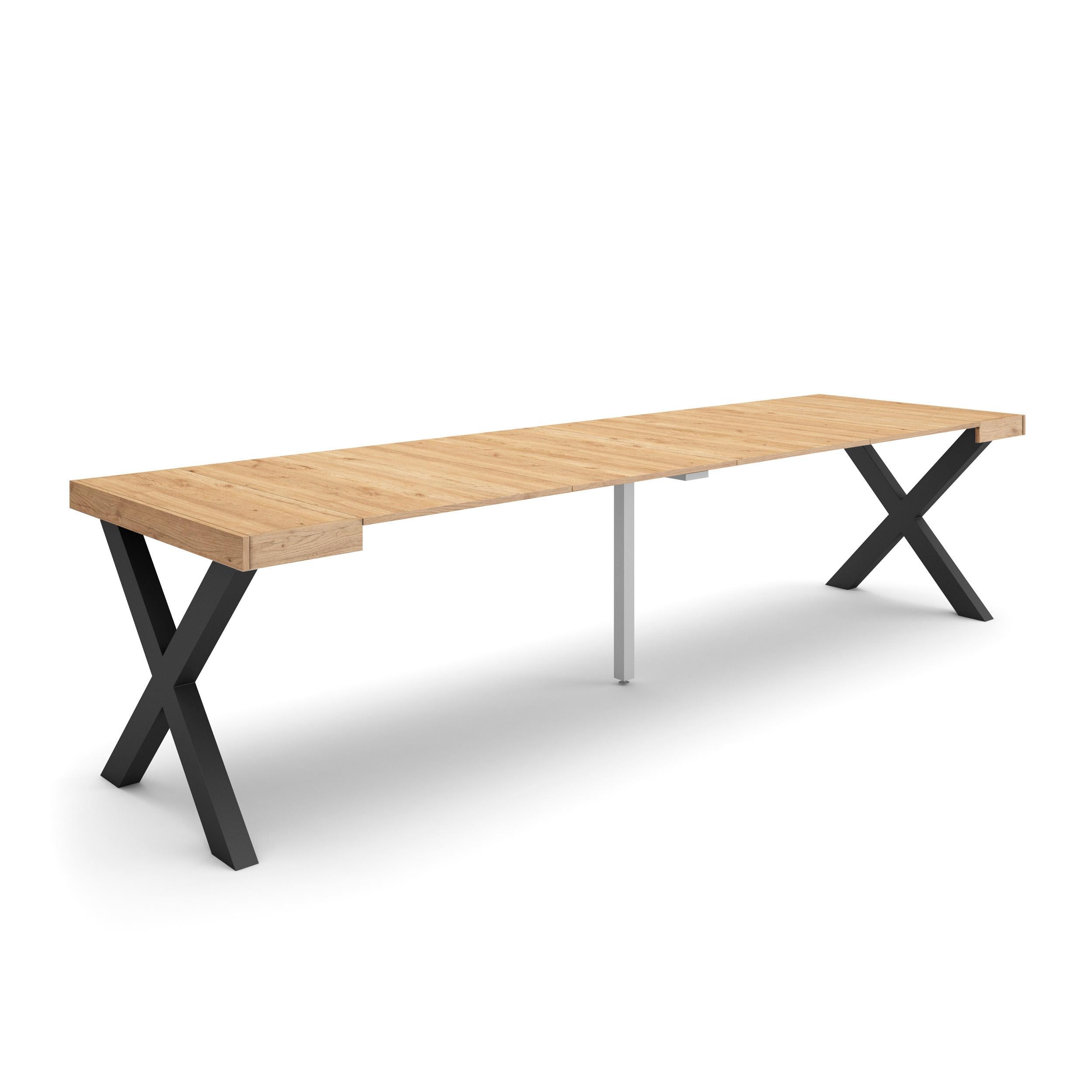 Table console extensible chêne 300 cm – Jusqu’à 14 personnes – Pieds en bois massif noirs en croix