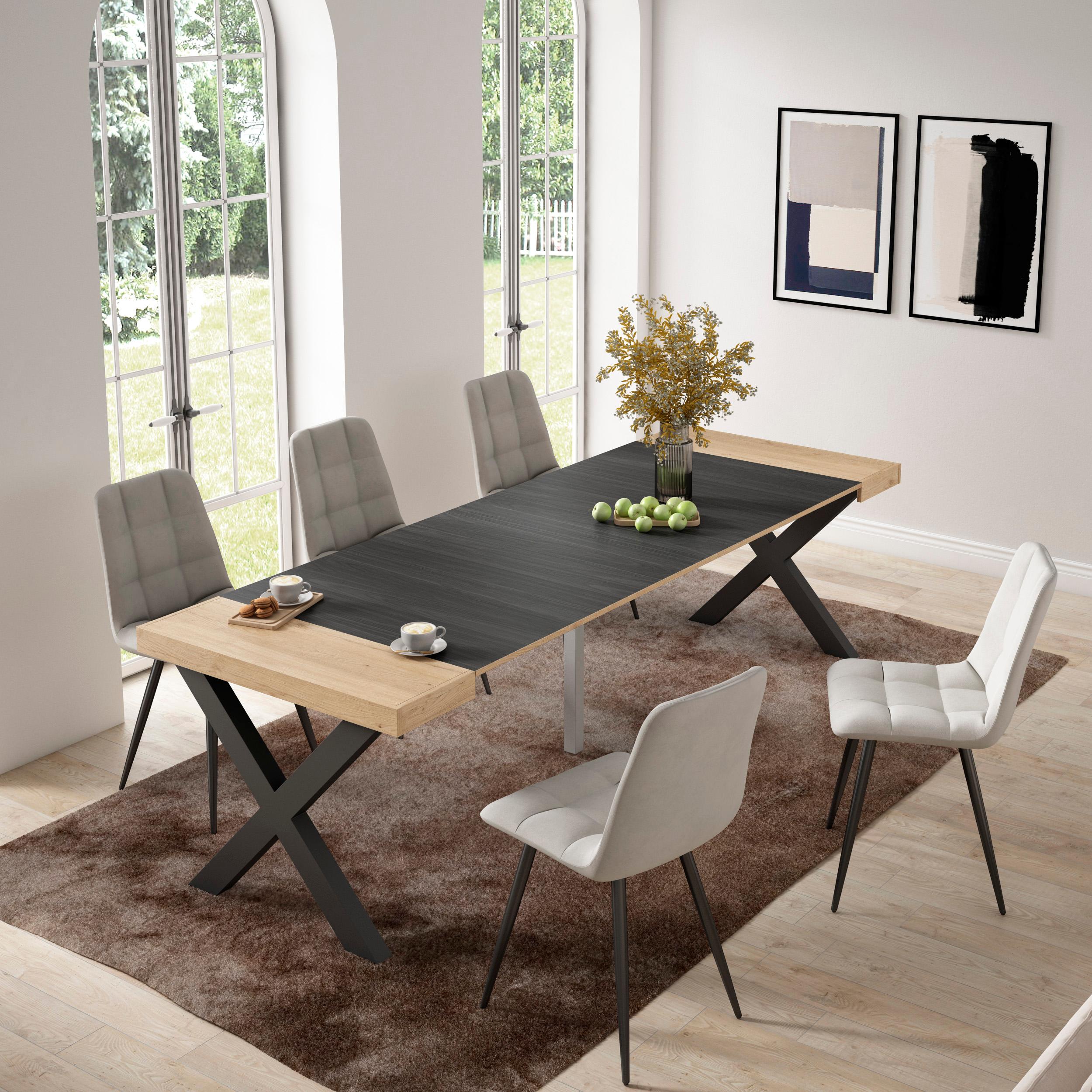 Table console extensible noire & chêne 260 cm – Jusqu’à 12 personnes – Pieds en bois massif noirs en croix