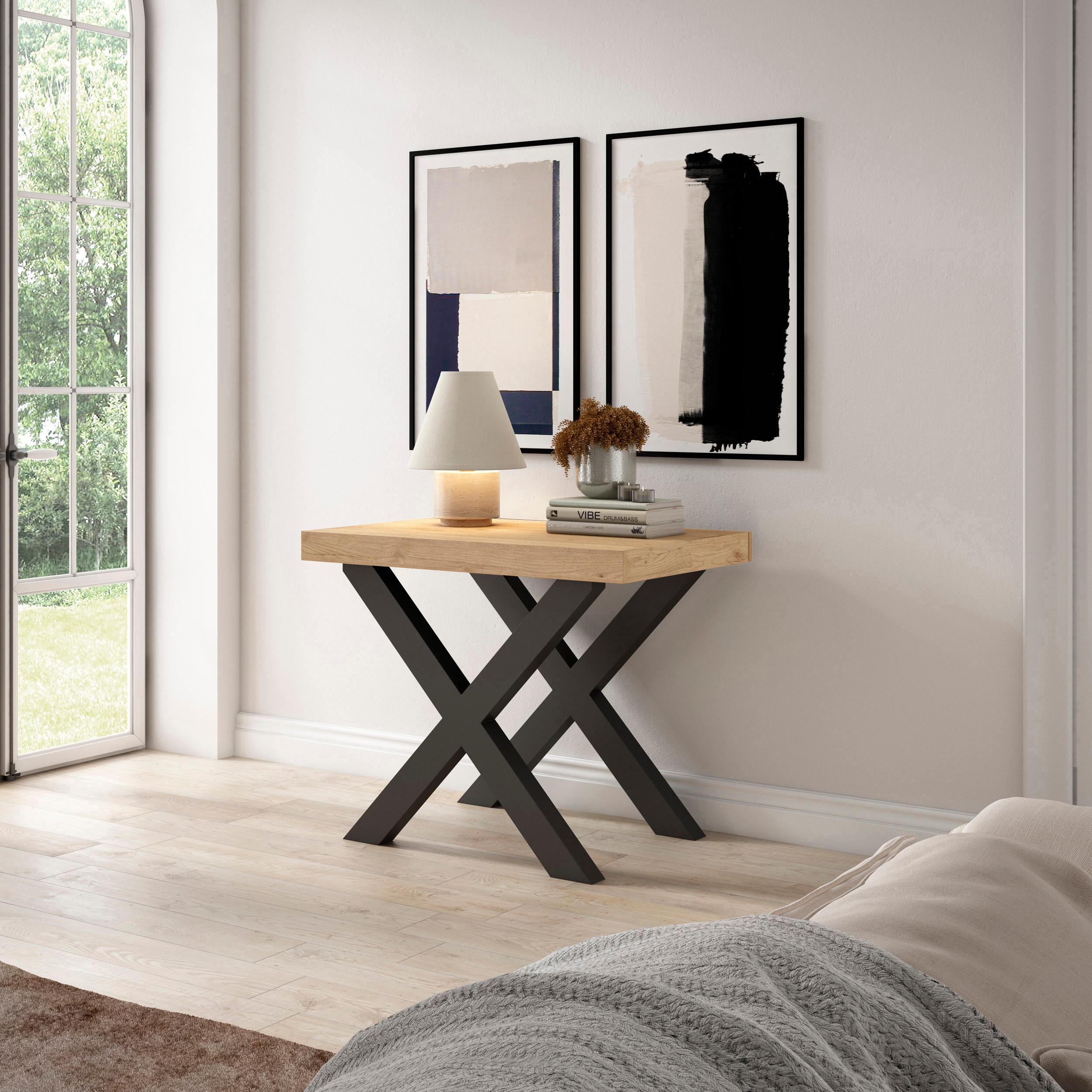 Table console extensible noire & chêne 260 cm – Jusqu’à 12 personnes – Pieds en bois massif noirs en croix