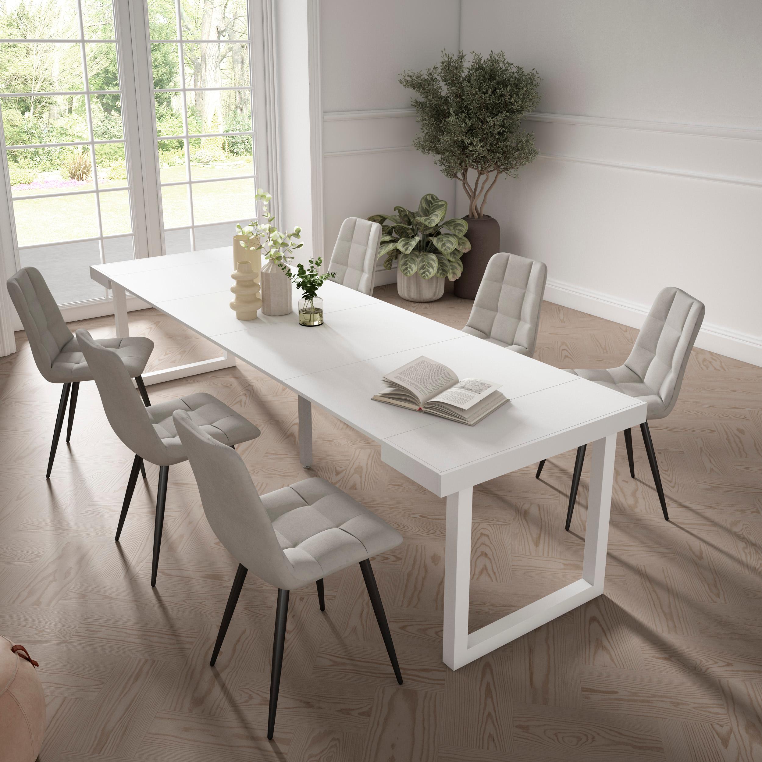 Table console extensible blanche 300 cm – Jusqu’à 14 personnes – Pieds en bois massif blancs en U