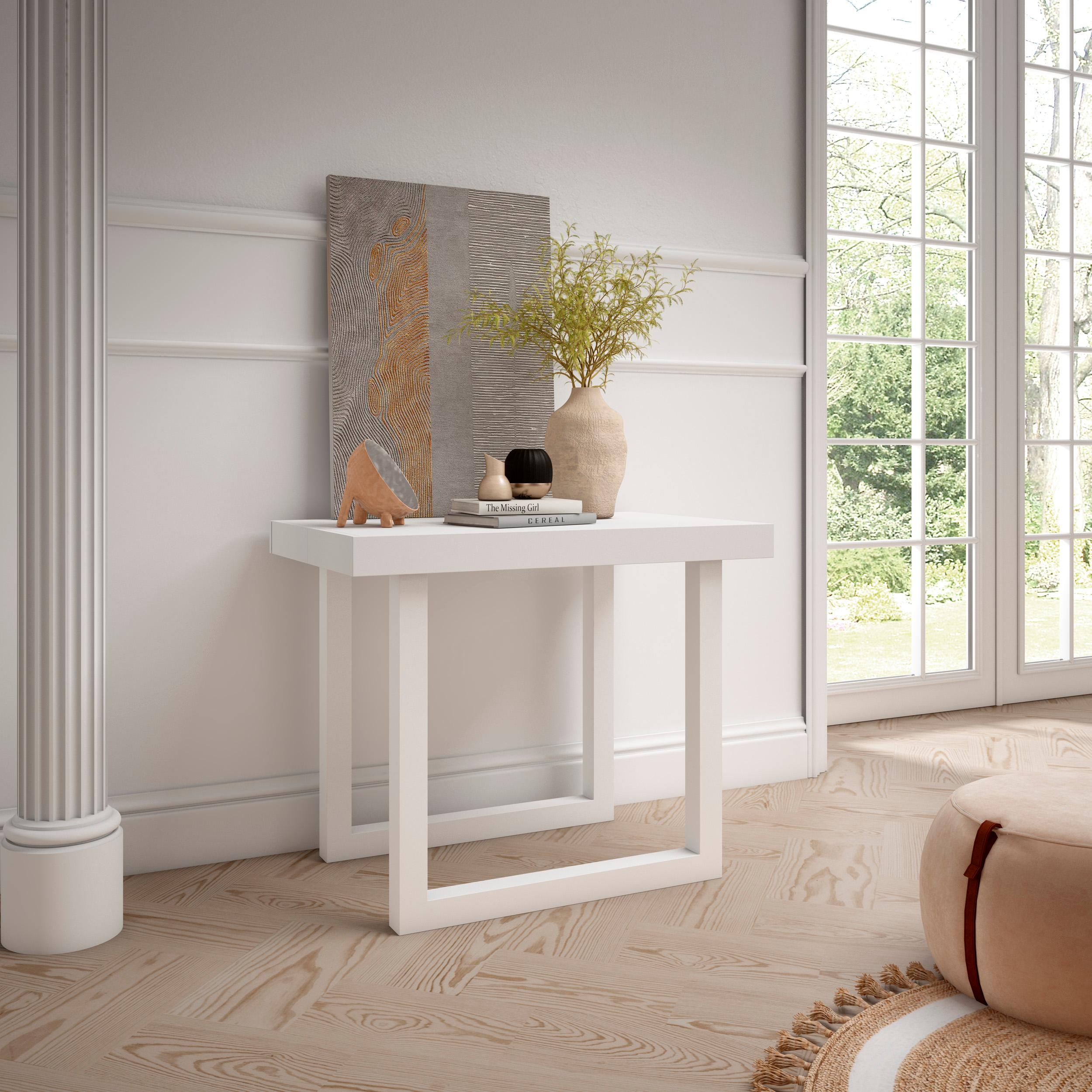 Table console extensible blanche 300 cm – Jusqu’à 14 personnes – Pieds en bois massif blancs en U