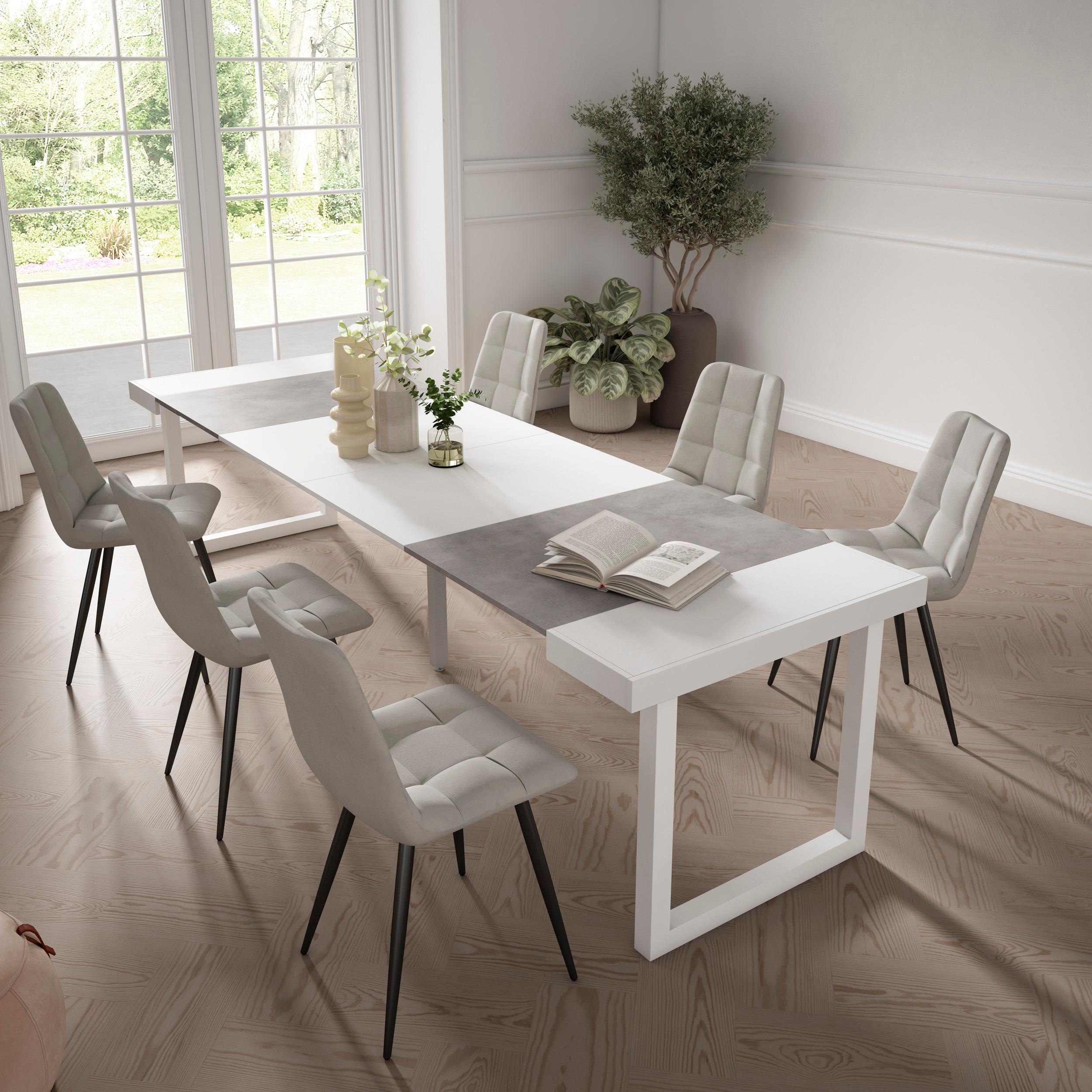 Table console extensible blanche & ciment 300 cm – Jusqu’à 14 personnes – Pieds en bois massif blancs en U