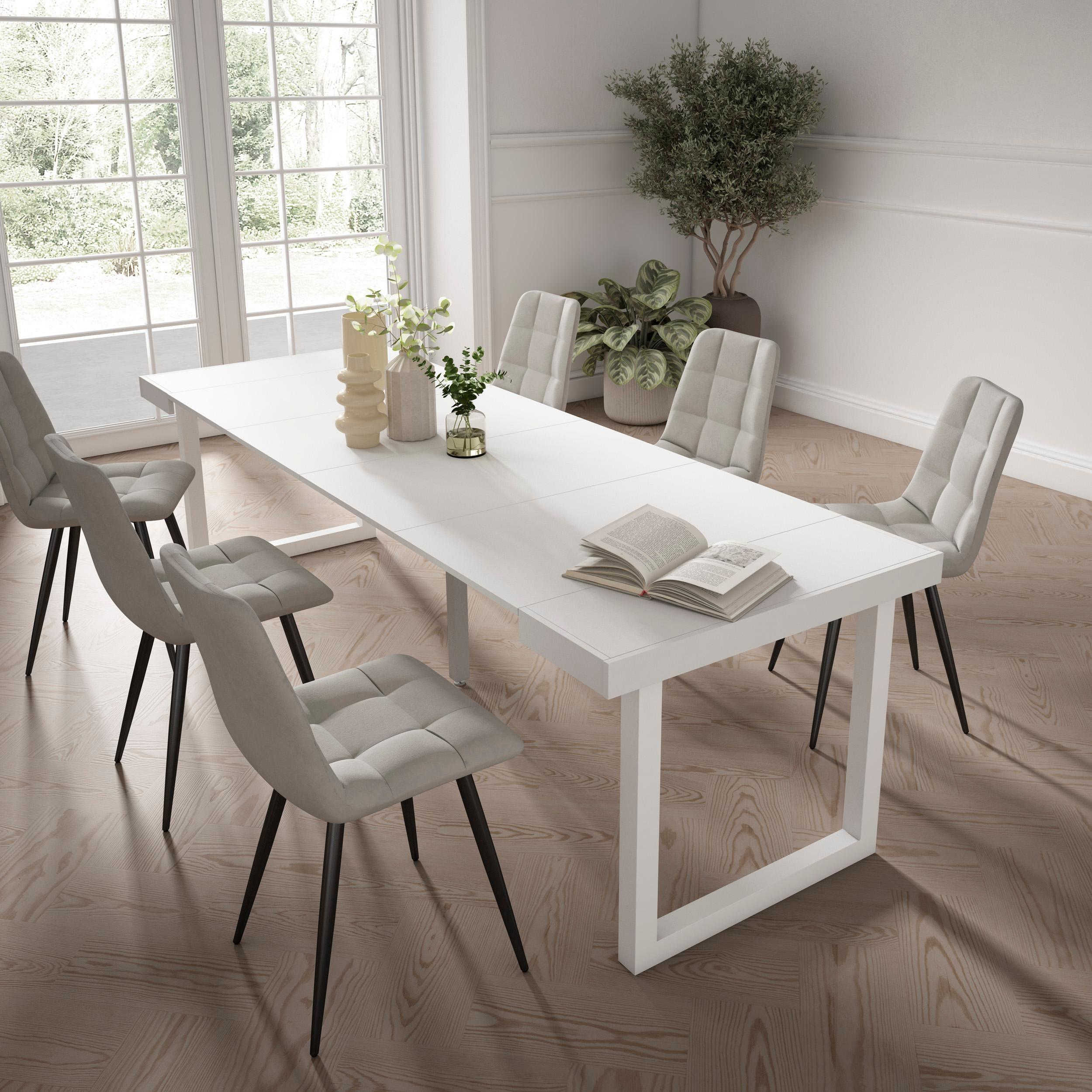 Table console extensible blanche 260 cm – Jusqu’à 12 personnes – Pieds en bois massif blancs en U