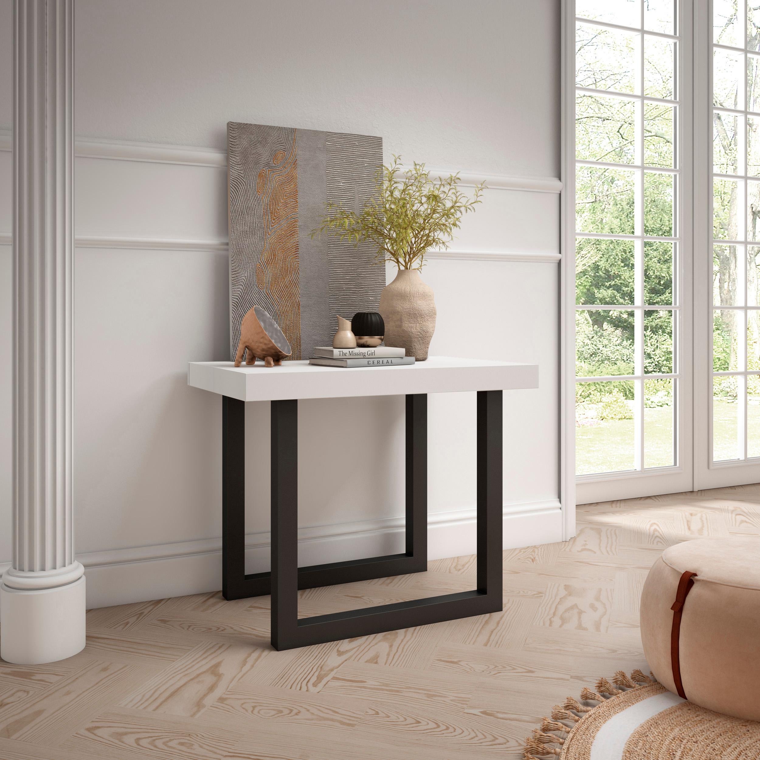 Table console extensible blanche 300 cm – Jusqu’à 14 personnes – Pieds en bois massif noirs en U
