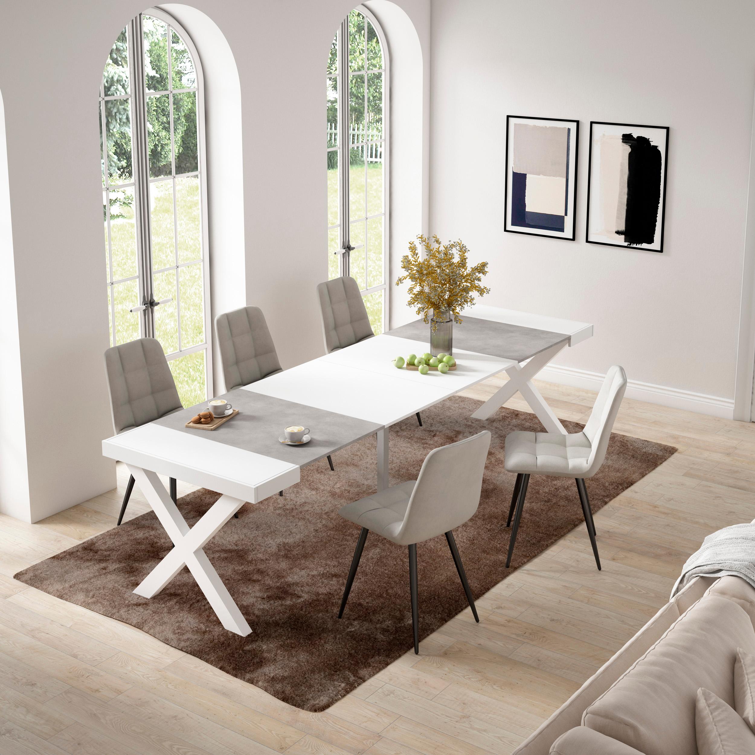 Table console extensible blanche & ciment 300 cm – Jusqu’à 14 personnes – Pieds en bois massif blancs en croix