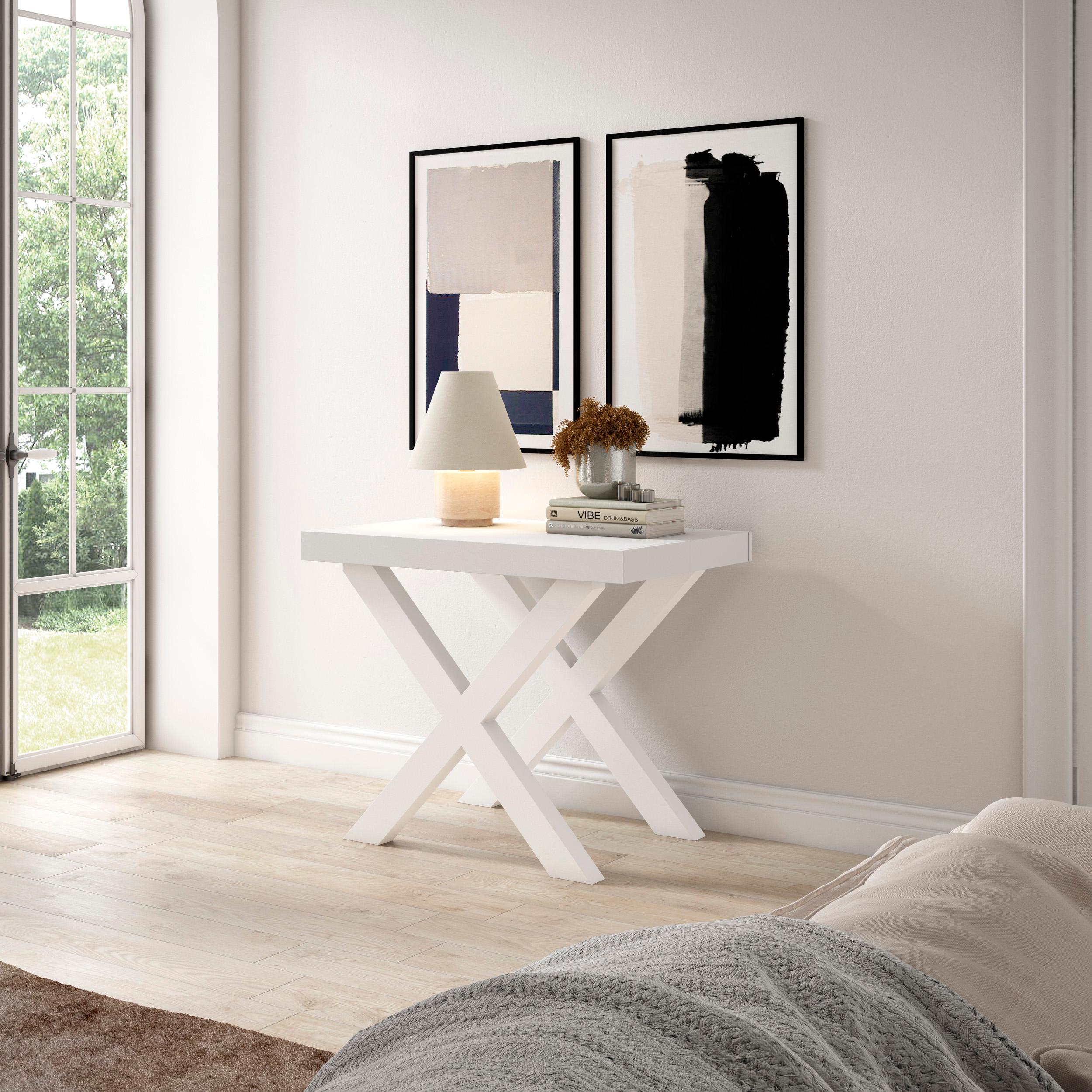 Table console extensible blanche & chêne 300 cm – Jusqu’à 14 personnes – Pieds en bois massif blancs en croix