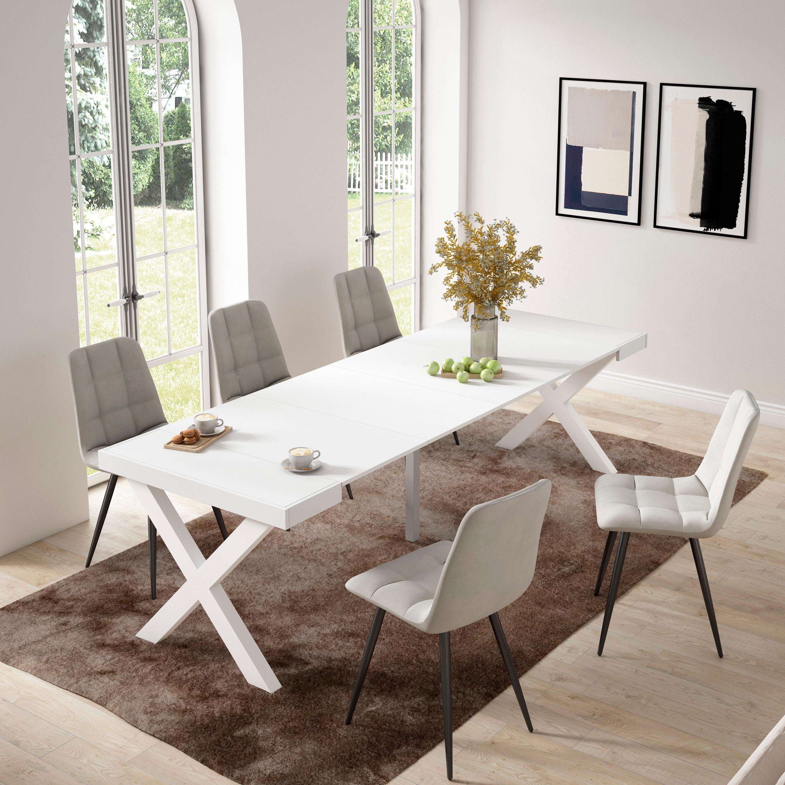 Table console extensible blanche 260 cm – Jusqu’à 12 personnes – Pieds en bois massif blancs en croix