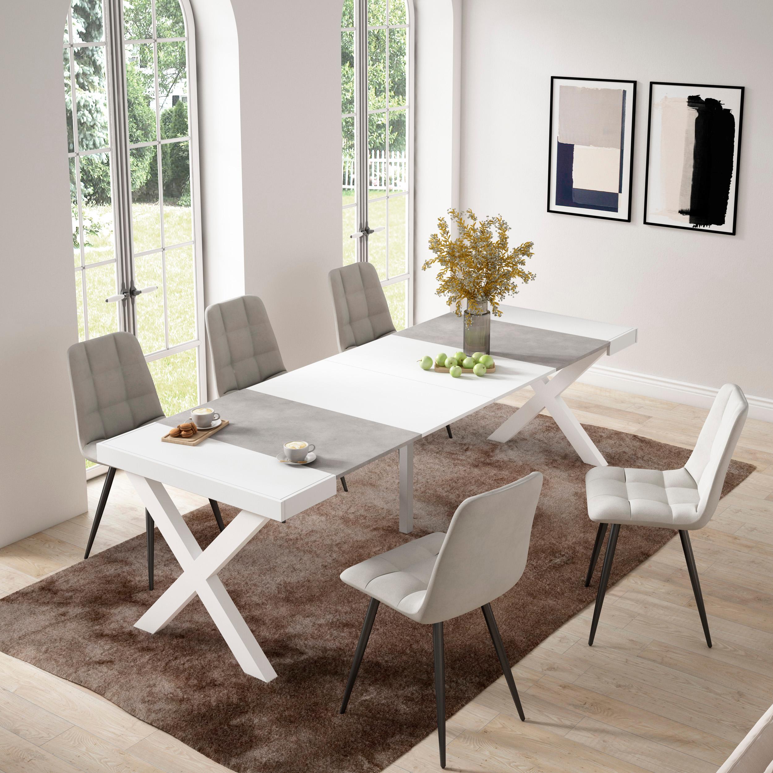 Table console extensible ciment & blanche 260 cm – Jusqu’à 12 personnes – Pieds en bois massif blancs en croix