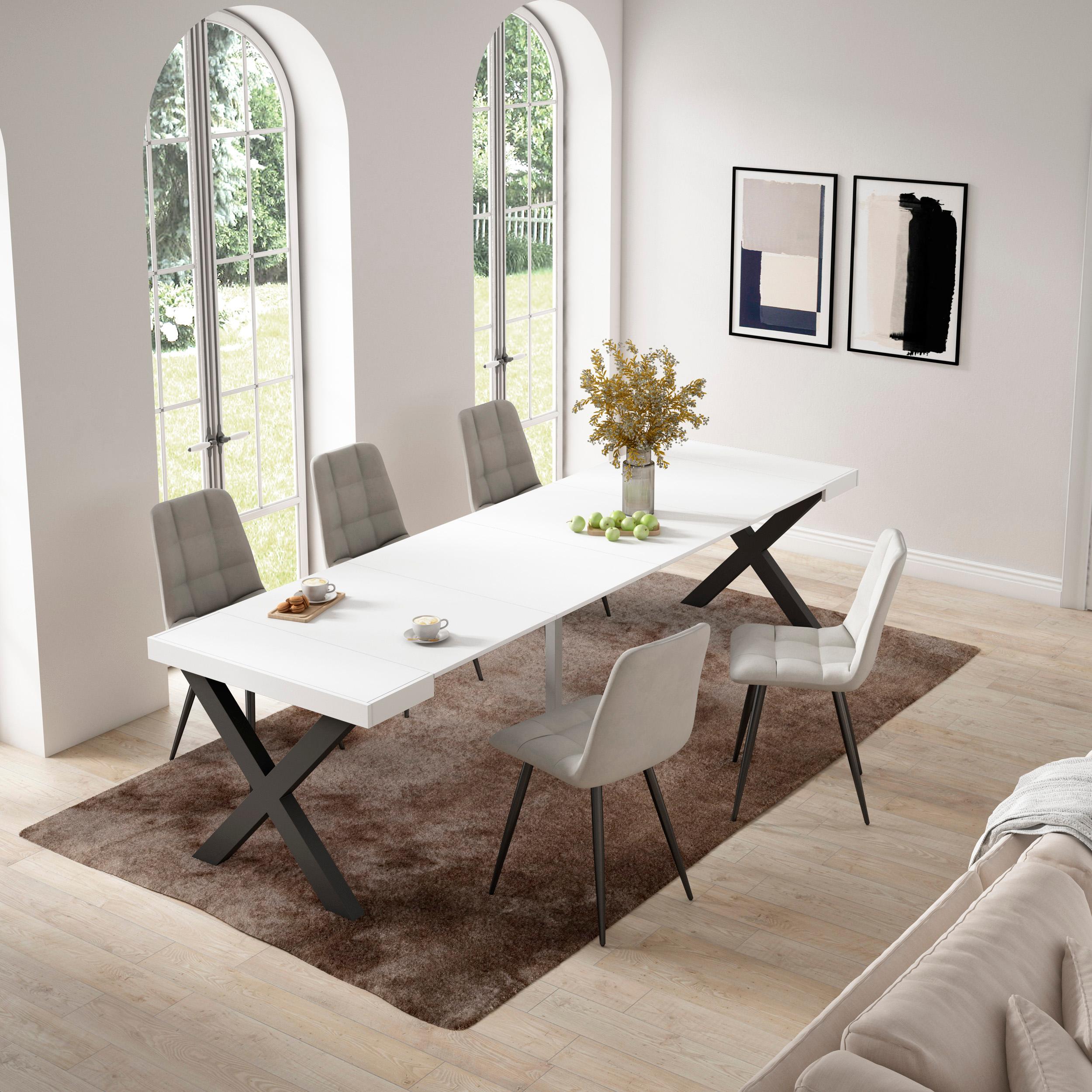 Table console extensible blanche 300 cm – Jusqu’à 14 personnes – Pieds en bois massif noirs en croix