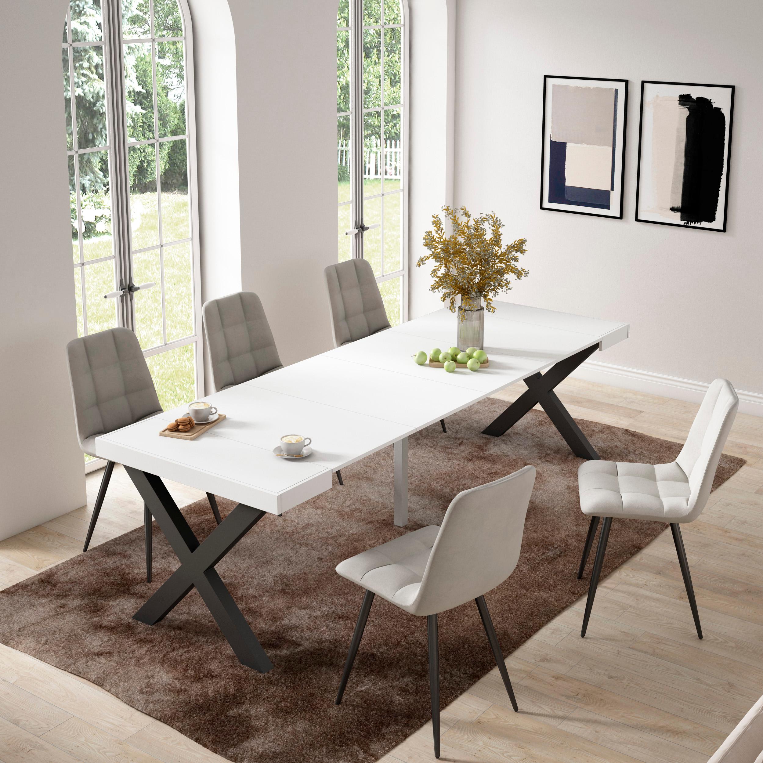 Table console extensible blanche 260 cm – Jusqu’à 12 personnes – Pieds en bois massif noirs en croix