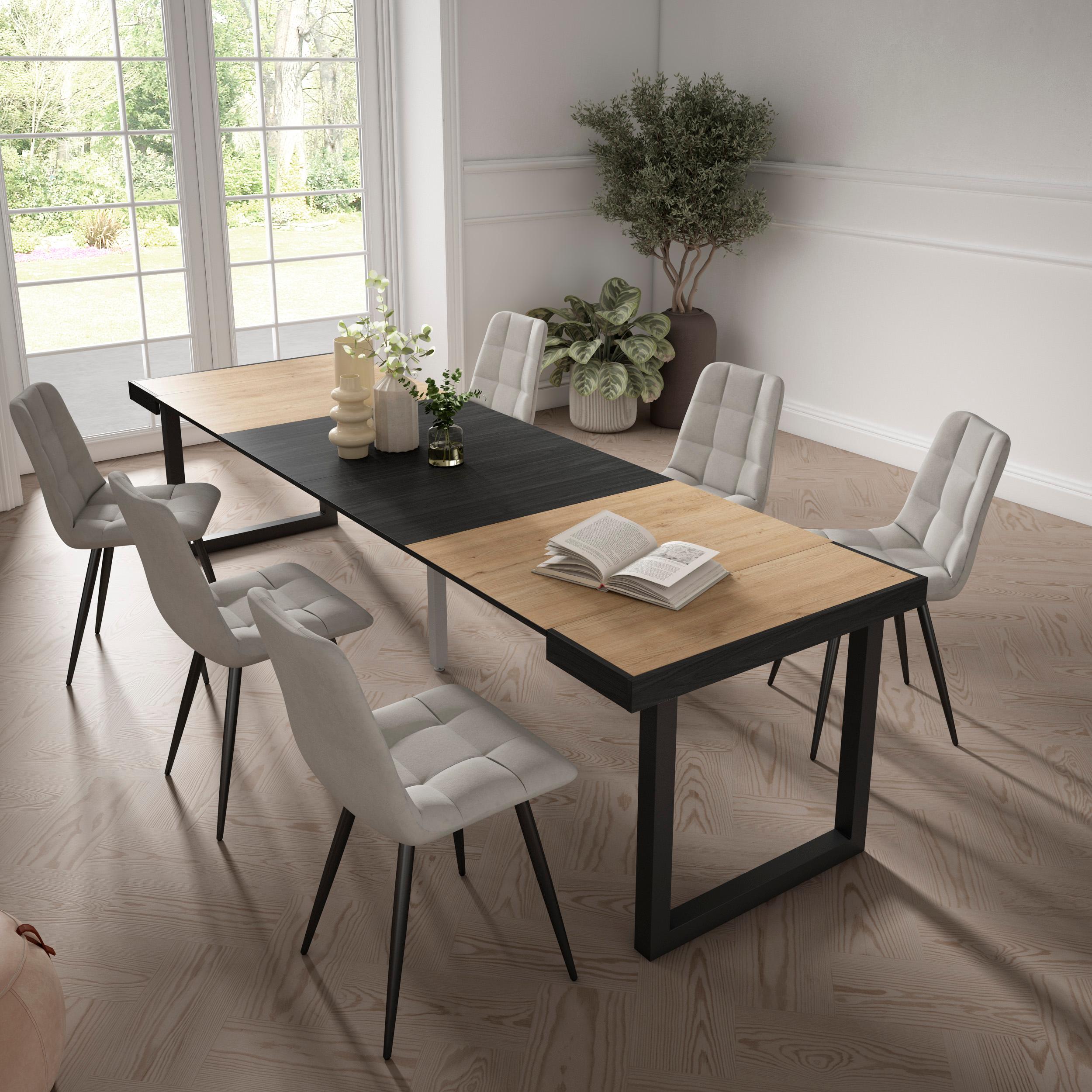Table console extensible noire & chêne 300 cm – Jusqu’à 14 personnes – Pieds en bois massif noirs en U