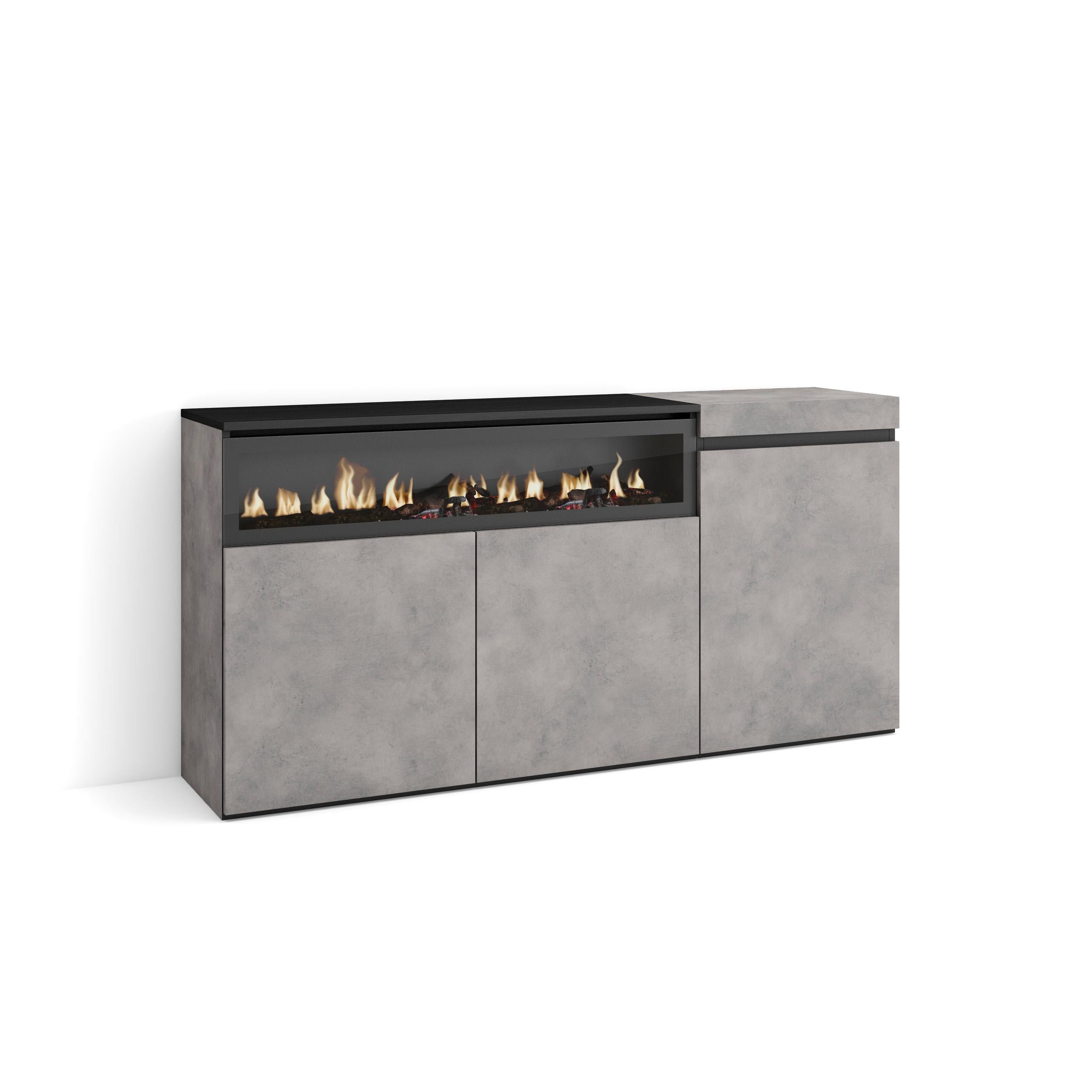 Meuble de rangement 3 portes avec cheminée LED XXL (côté gauche) - 150x75x35cm - Ciment