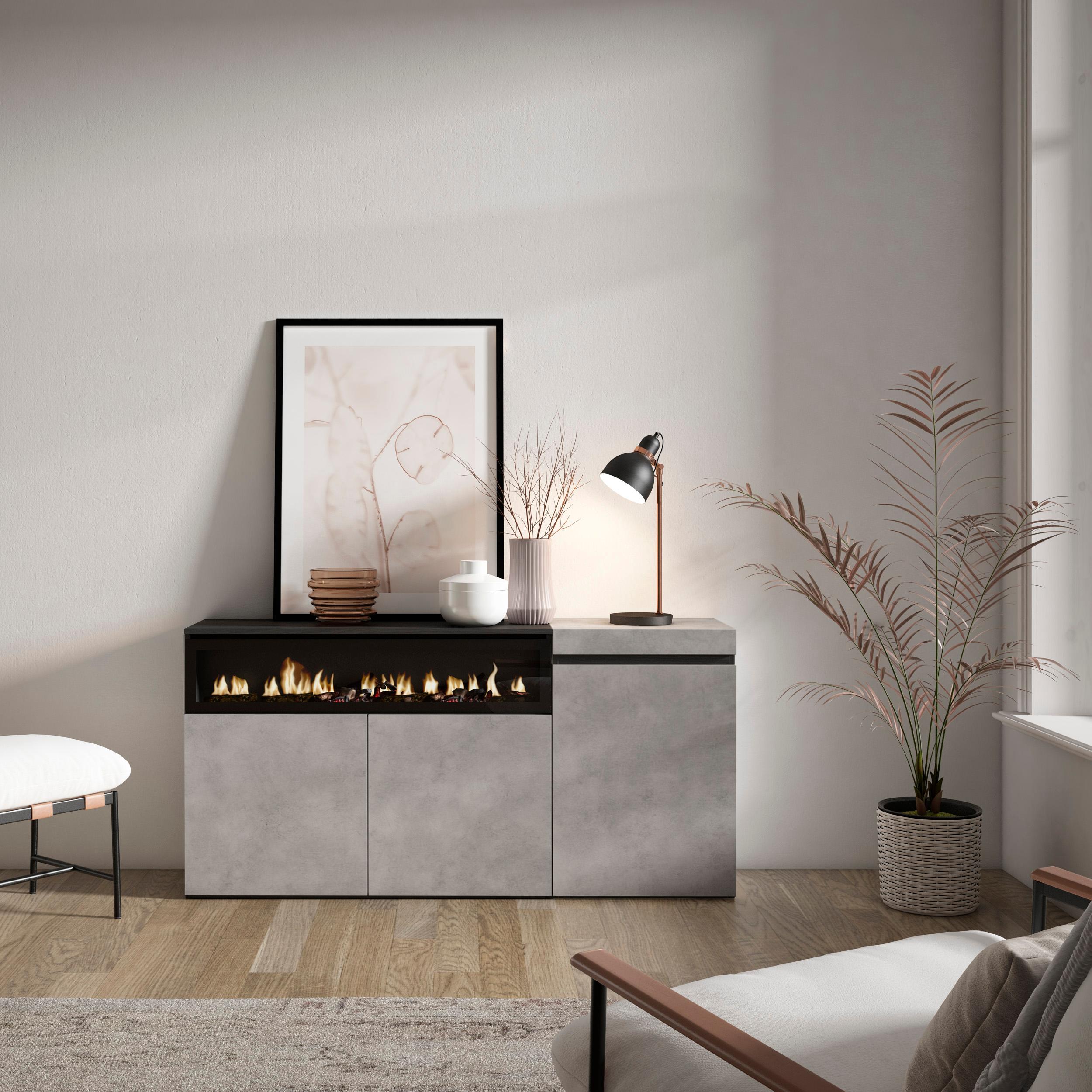 Meuble de rangement 3 portes avec cheminée LED XXL (côté gauche) - 150x75x35cm - Ciment