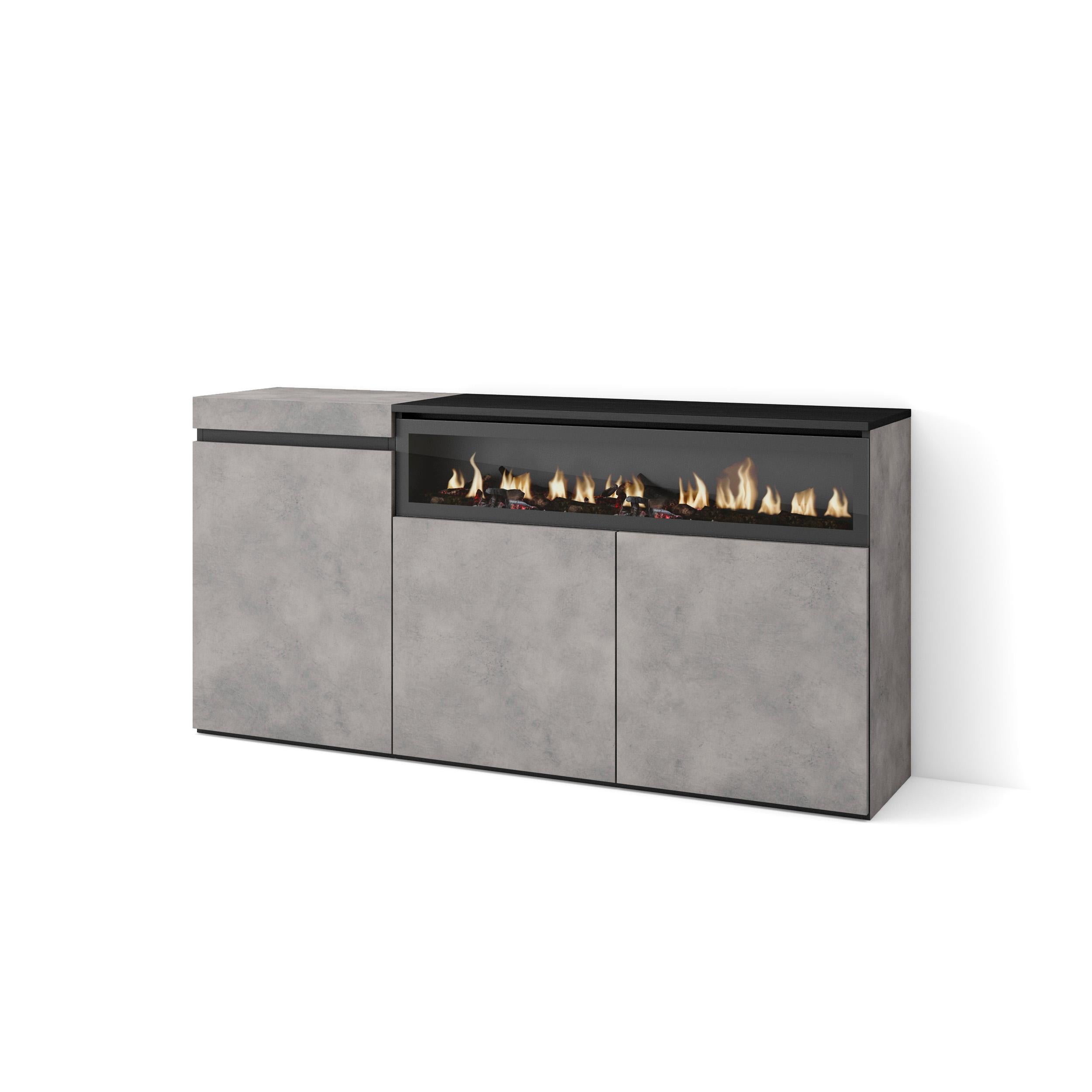 Meuble de rangement 3 portes avec cheminée électrique LED XXL (côté droit) - 150x75x35cm - Ciment