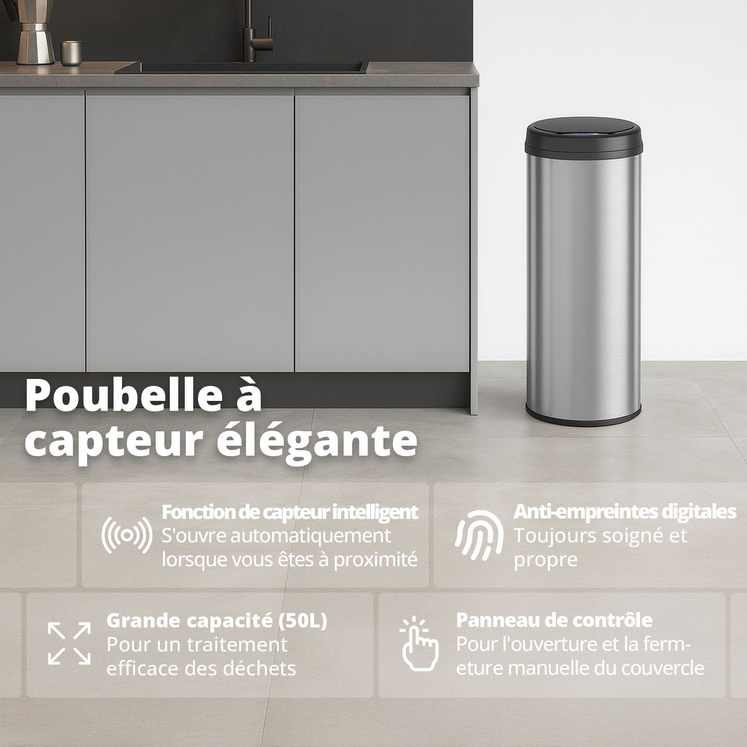 Poubelle 50 L automatique Argent