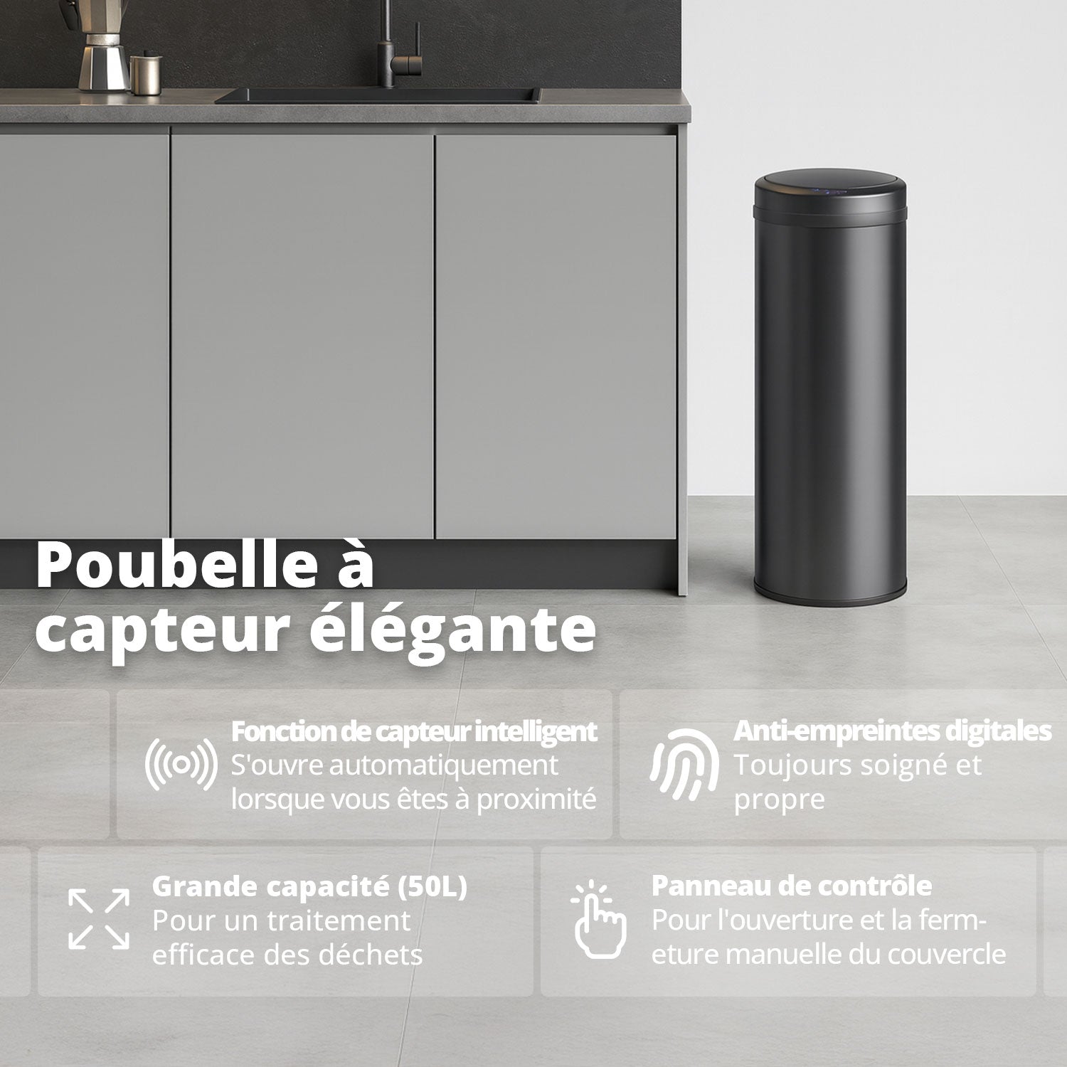 Poubelle 50 L automatique noire
