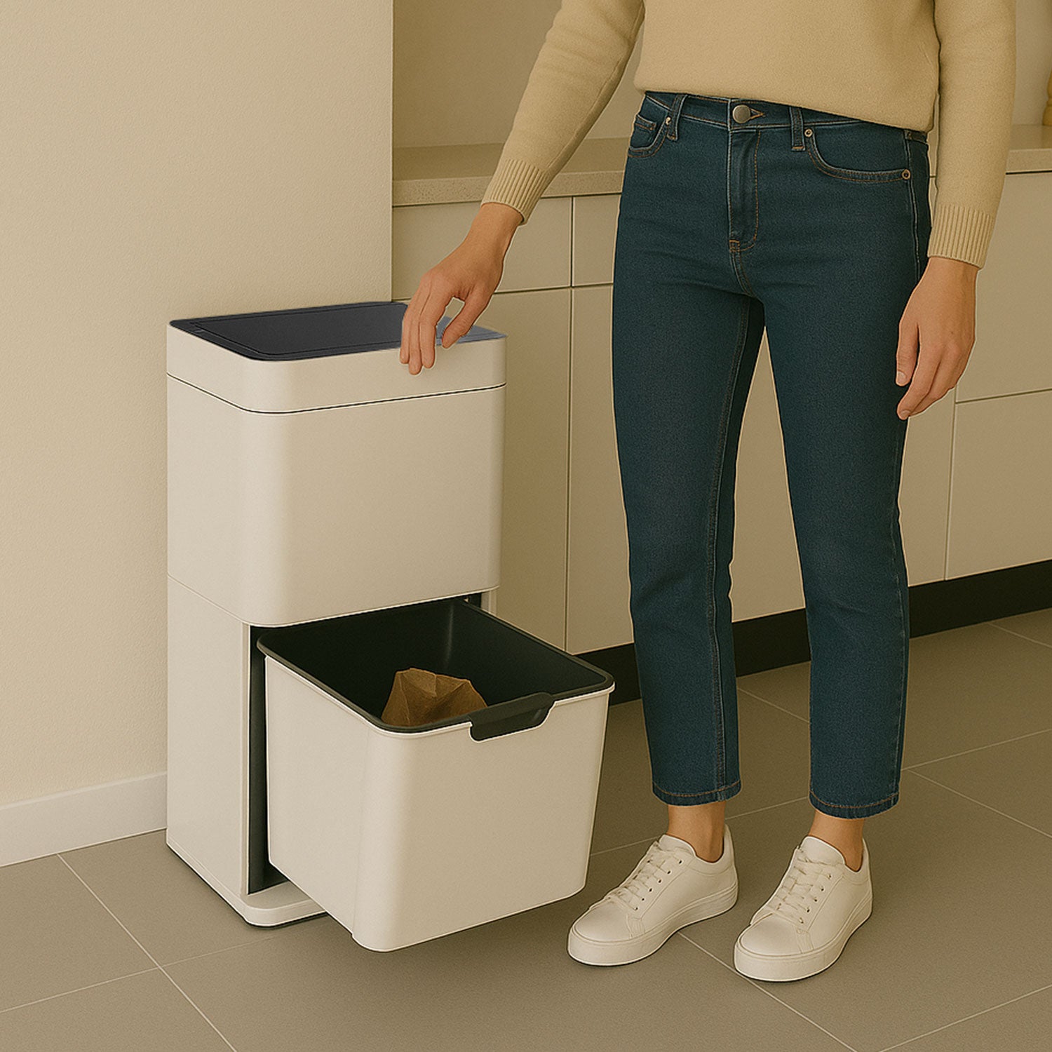 Poubelle de tri sélectif 3 bacs - Détecteur de mouvement - Senzaro 60L - Blanche