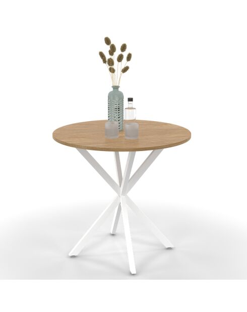 Table repas Soline 80cm plateau rond bois pieds croisés blancs