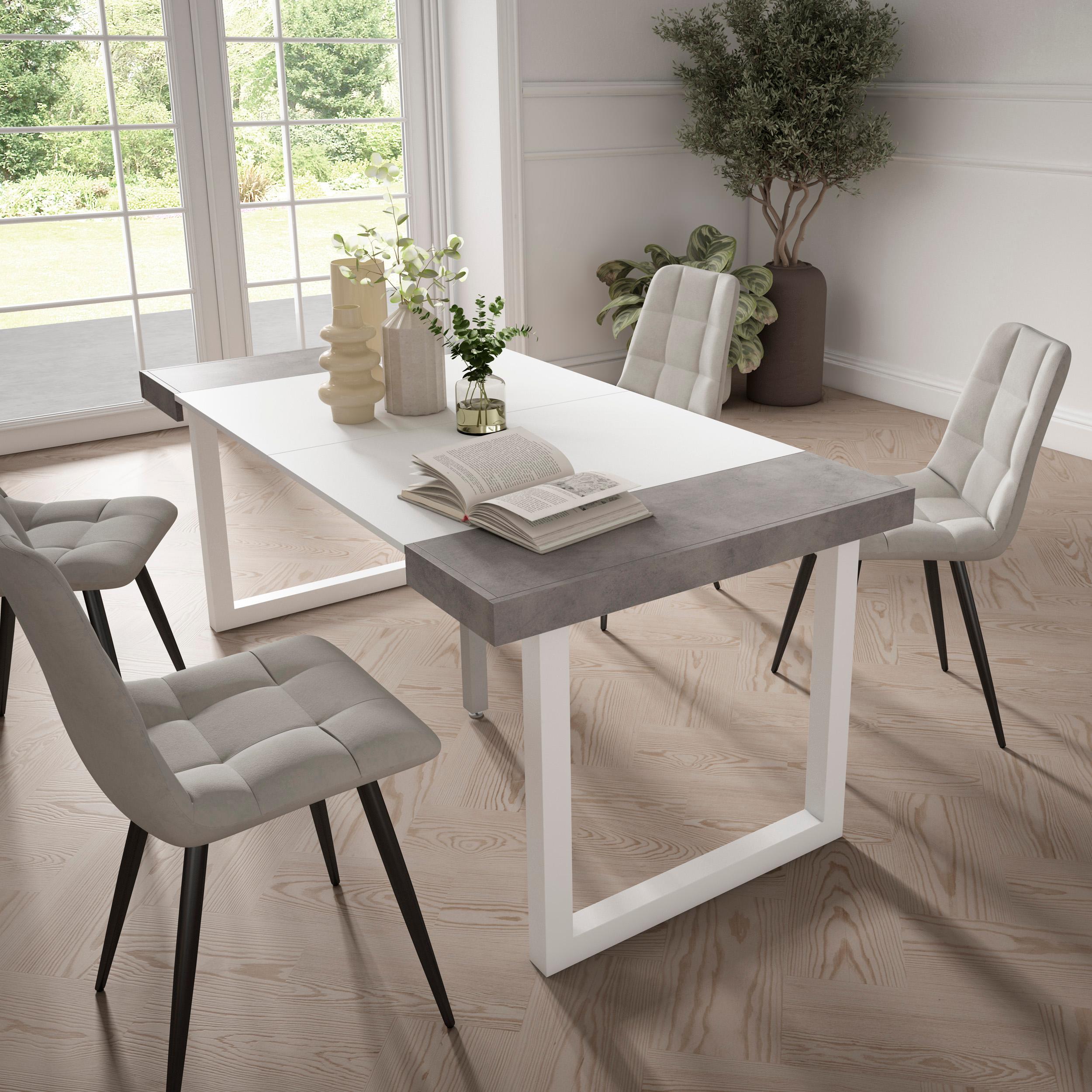 Table console extensible blanche & ciment 180 cm – Jusqu’à 8 personnes – Pieds en bois massif blancs en U