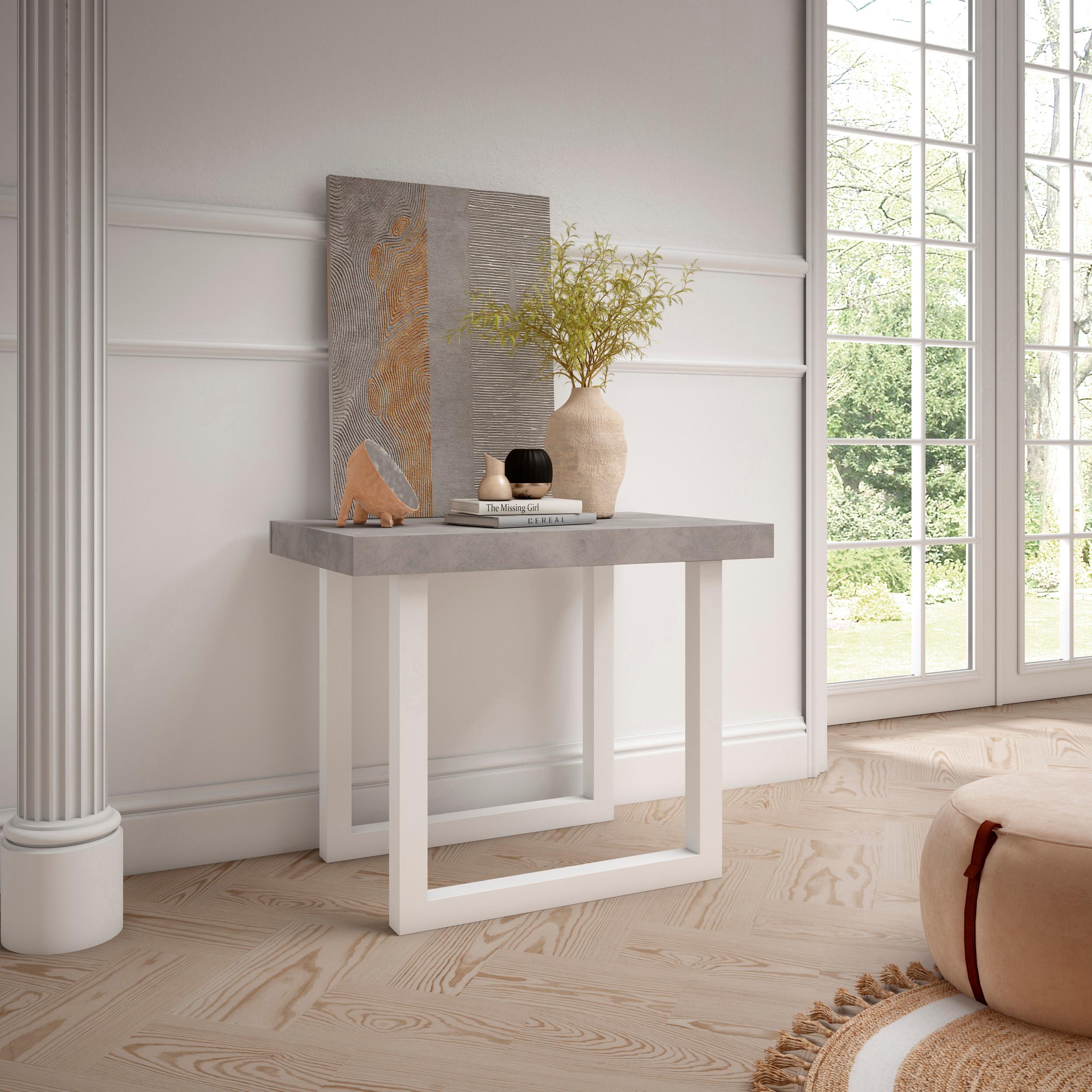 Table console extensible blanche & ciment 180 cm – Jusqu’à 8 personnes – Pieds en bois massif blancs en U