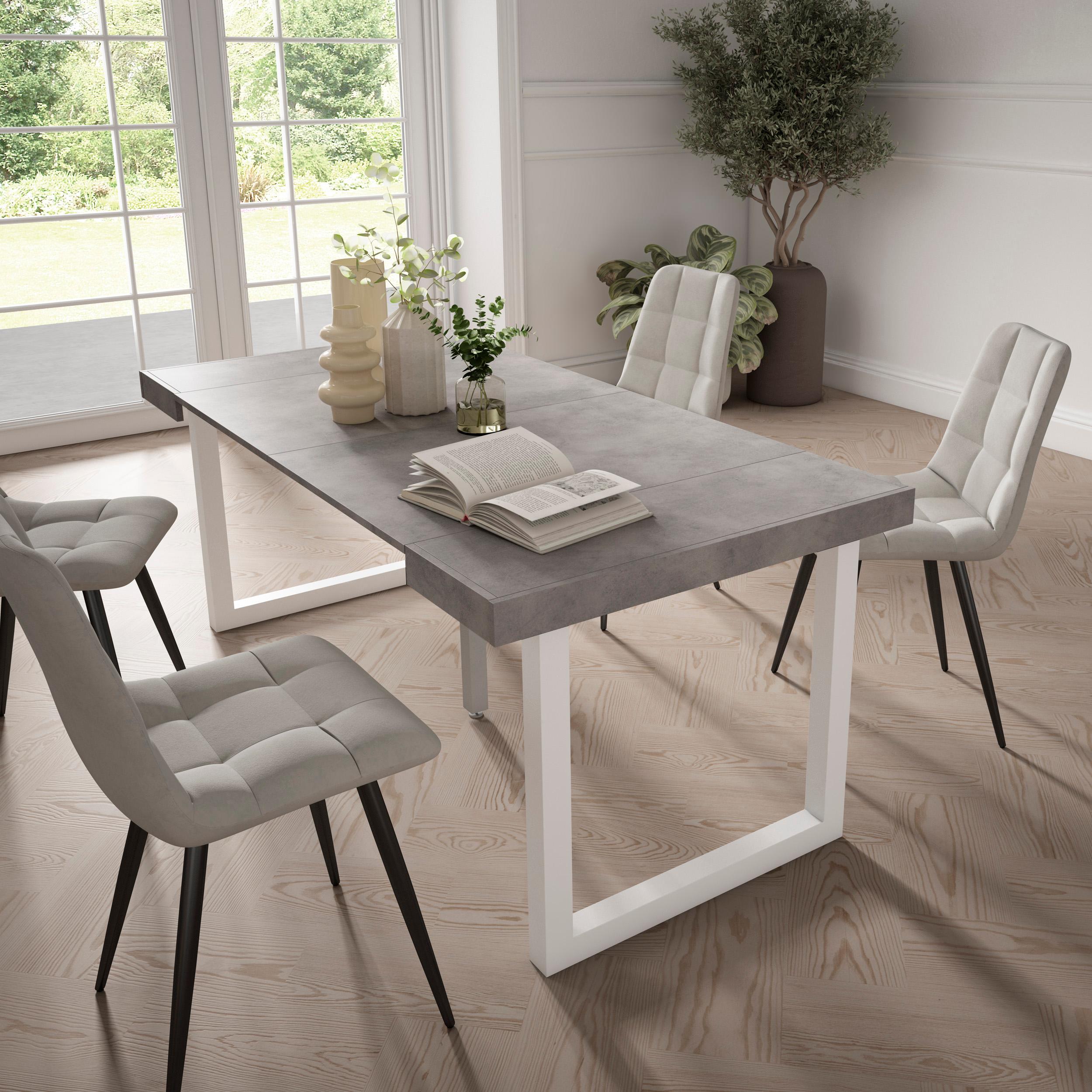Table console extensible ciment 180 cm – Jusqu’à 8 personnes – Pieds en bois massif blancs en U