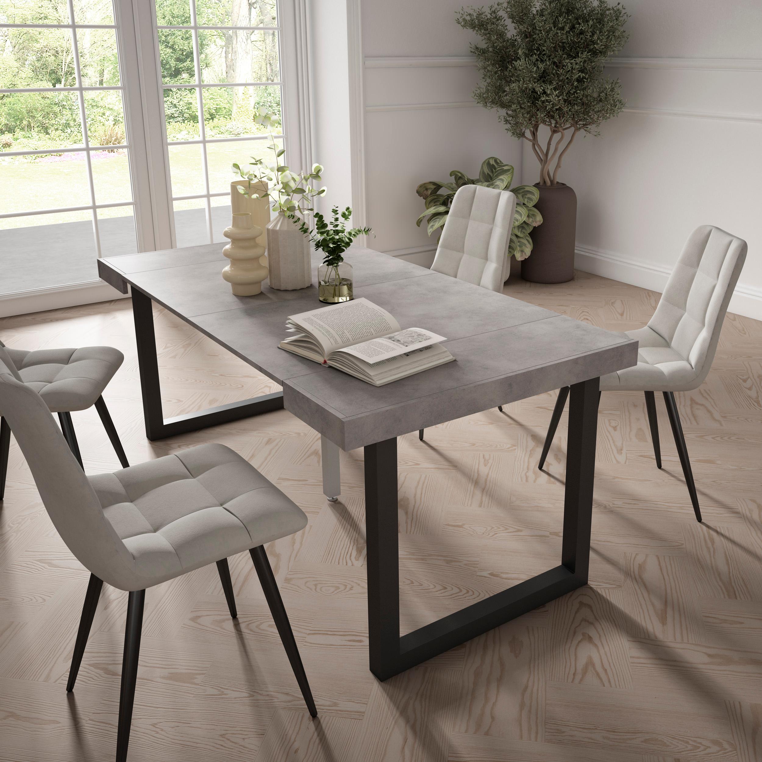 Table console extensible blanche & ciment 180 cm – Jusqu’à 8 personnes – Pieds en bois massif noirs en U