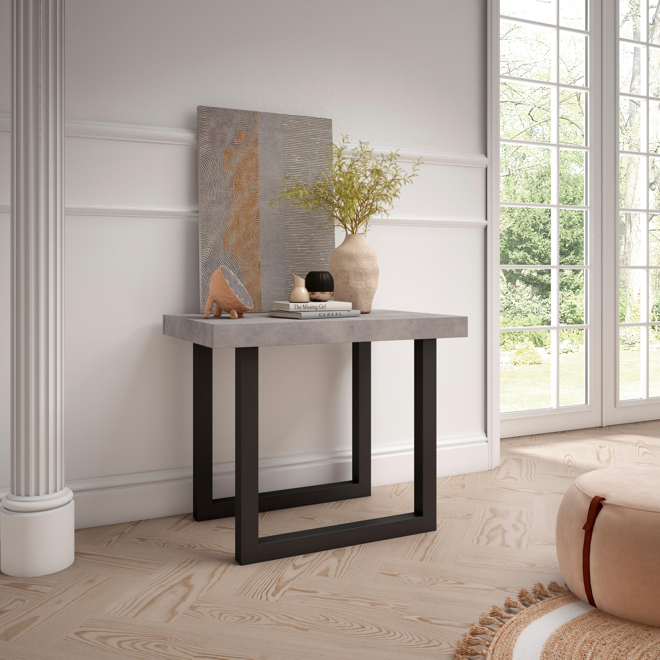 Table console extensible blanche & ciment 180 cm – Jusqu’à 8 personnes – Pieds en bois massif noirs en U