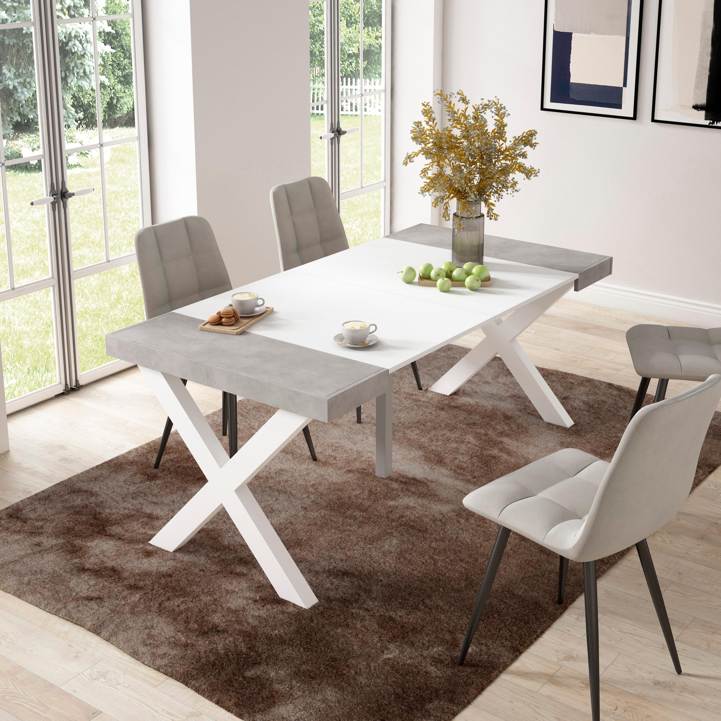 Table console extensible blanche & ciment 180 cm – Jusqu’à 8 personnes – Pieds en bois massif blancs en croix